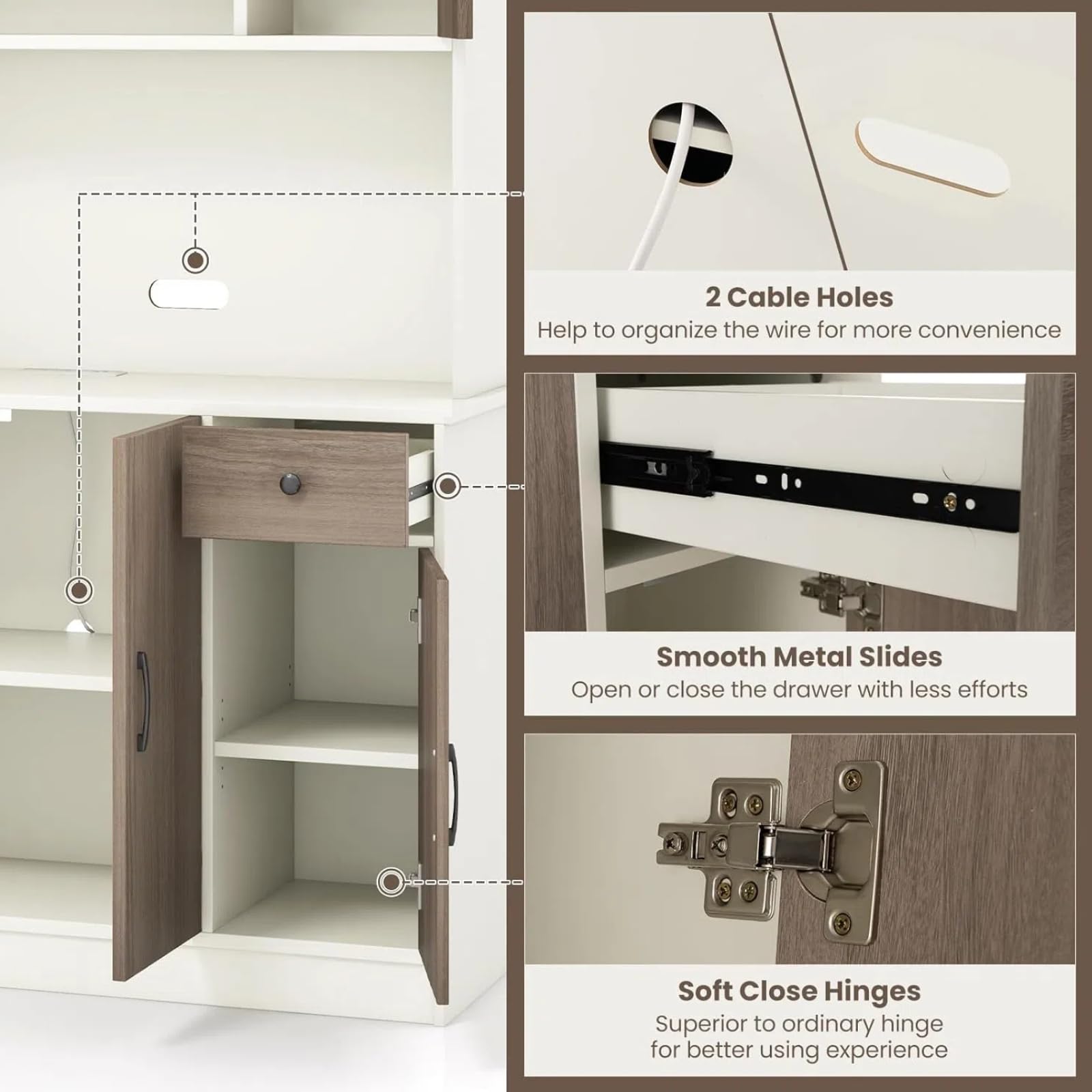 KOMFOTTEU Hochschrank Buffetschrank 180cm, Küchenschrank mit & Kabellöchern, Mehrzweckschrank mit 4 verstellbaren Regalen 3 Schränken, Aufbewahrungsschrank groß für Küche Esszimmer (Weiß)