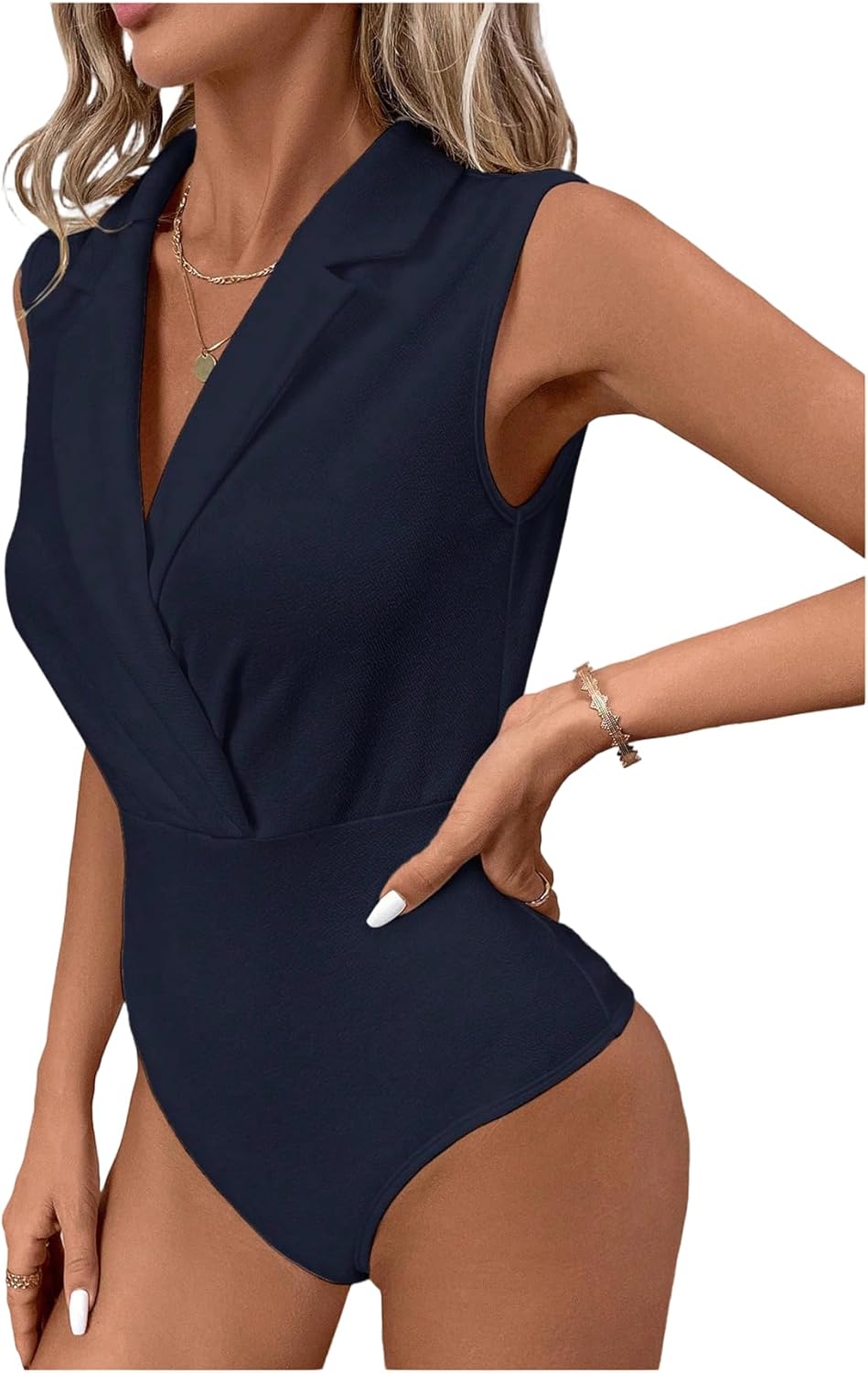 MakeMeChic Women’s Collared Bodysuits Wrap V Neck Sleeveless Dressy Business Casual Blouse Tops