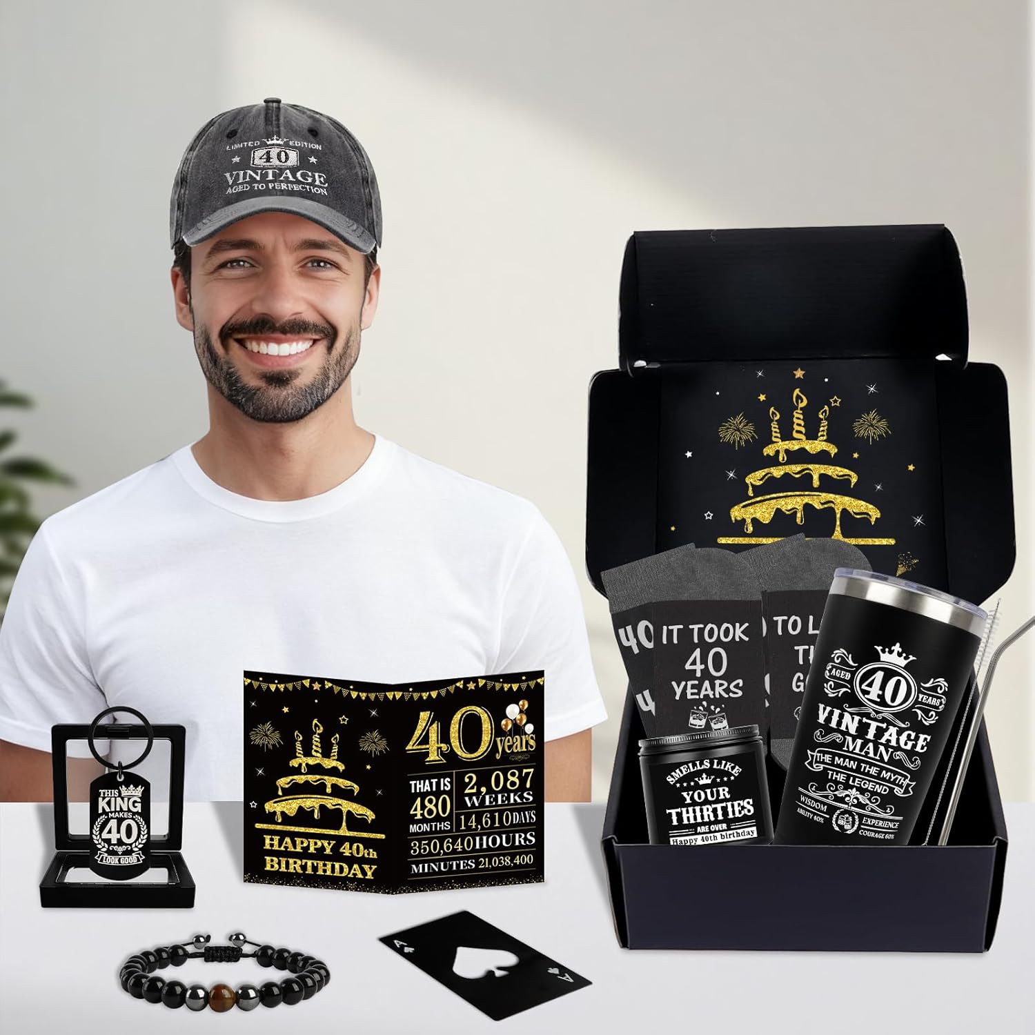 40th Birthday Gifts for Men - Unique Birthday Box with 20 Oz Tumbler, Baseball Cap, Socks, Bracelets, Scented Candle, Happy 40th Birthday Decorations for Husband, Dad, Friends, Boss - Image 6