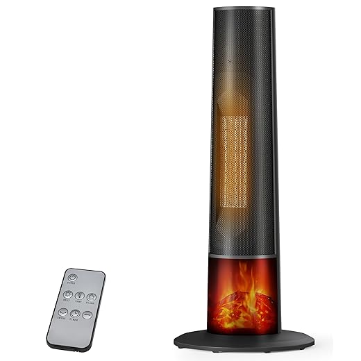 Space Heater for Indoor Use - 25" Tower Portable Heater with 3D Flame, Remote, Adjustable Thermostat, 2 Heat Modes, Multiple Safety Protection, 12H Timer, Quiet Electric Heater for Large Room