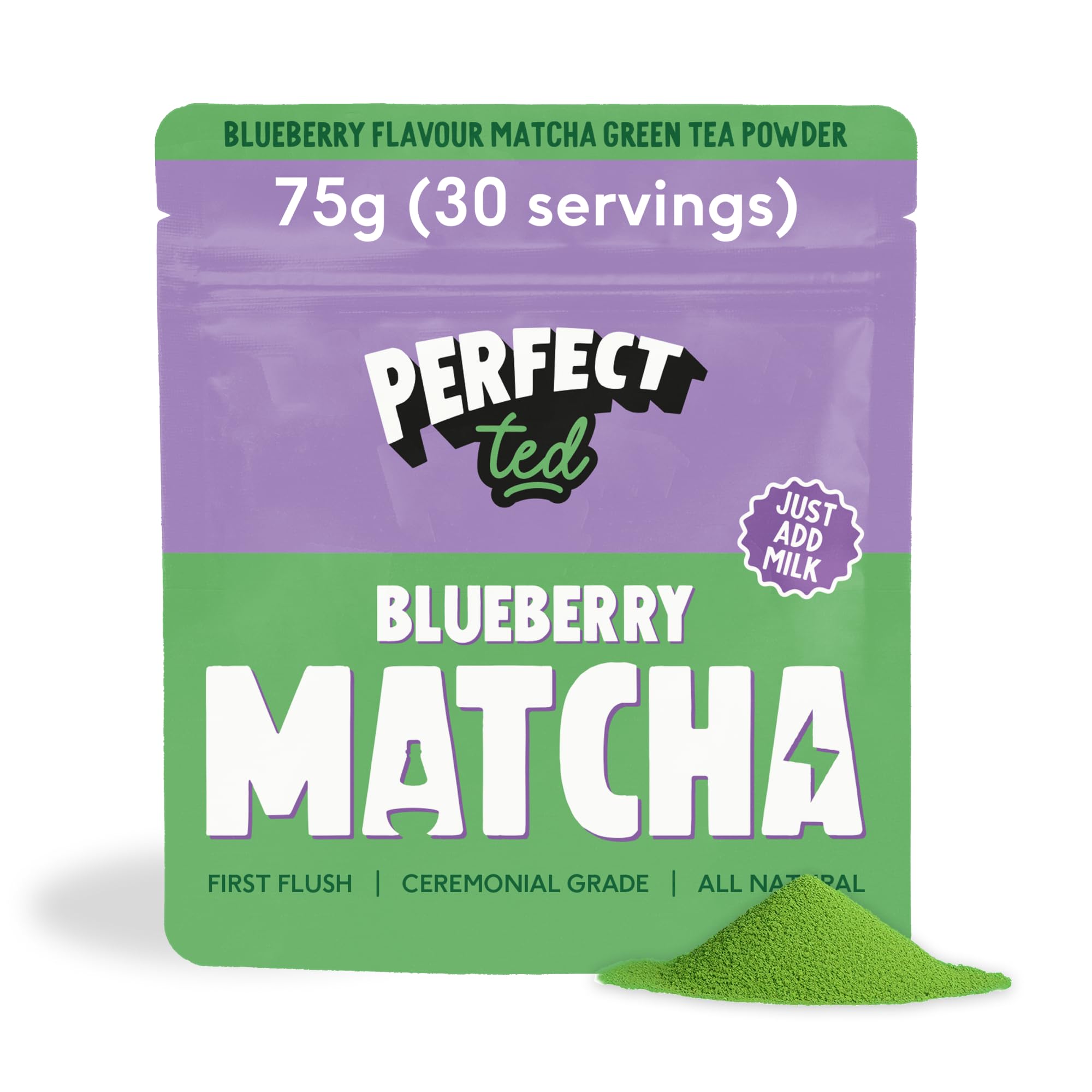 PerfectTed Blueberry Matcha Powder, Ceremonial Grade Japanese, 75g (30 Servings), Perfect for Lattes & Smoothies | Contains Caffeine | with L-Theanine | Vegan | Gluten-Free