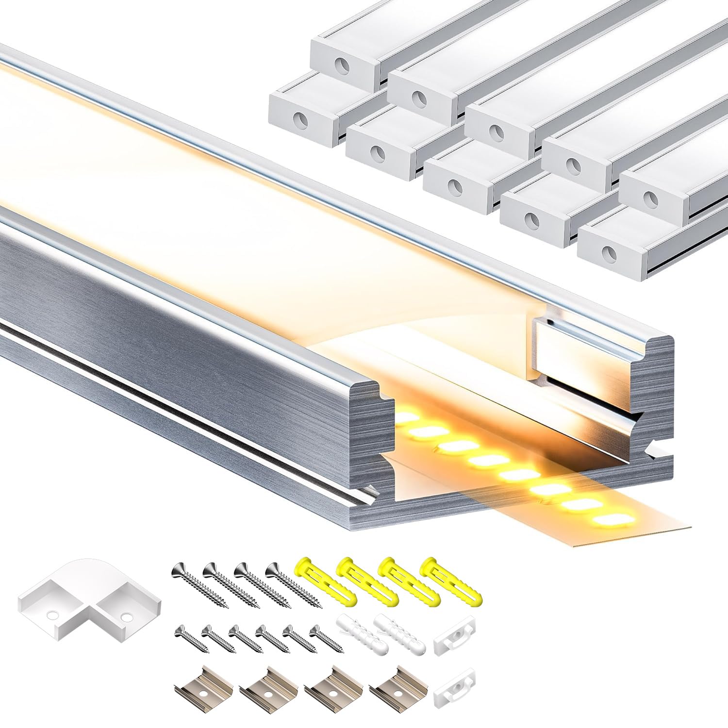 Szeroki profil LED, kanał aluminiowy, 10 x 2 m, 20 m, aluminium, profesjonalny do taśm LED/taśm LED z mleczną bielą, materiał montażowy do taśm LED, dł. 2000 x 17,4 x 7 mm