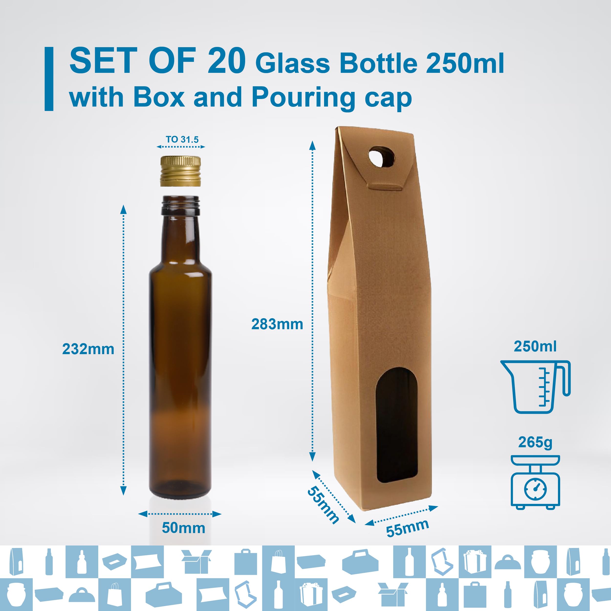 Espirito Rebelde 20 Flaschen aus dunklem Glas, 250 ml, mit goldfarbenem Schraubverschluss mit Ausgießer + 20 Dosen | Olivenöl, Essig, Alkohol, Saucen | Ölflasche