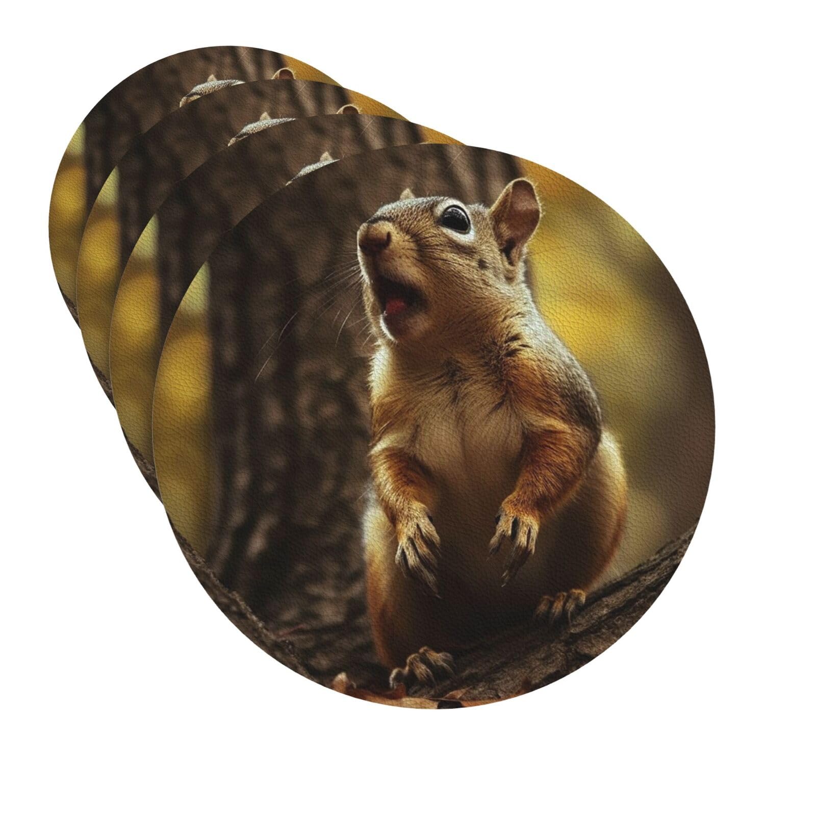 Drink Coasters Set of 4 Quick-Dry Leather Coaster Squirrel Sticks out Tongue Coasters for Drinks Coffee Cup Mat Tabletop Protection Heat Resistant Coaster for Kitchen Bar Office Home Decor