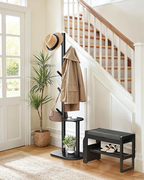 Pipishell Coat Rack, Freestanding Hall Tree with 8 Hooks & Storage Shelf, Solid Wood Base, 66.3 Tall Coat Rack Stand for Coats, Hats, Bag in Entryway, Bedroom, Living Room, Black, PIFCR11B
