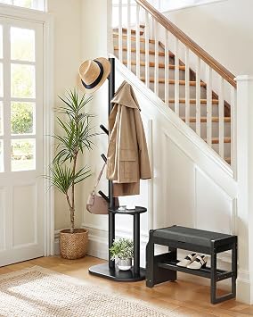 Pipishell Coat Rack, Freestanding Hall Tree with 8 Hooks & Storage Shelf, Solid Wood Base, 66.3 Tall Coat Rack Stand for Coats, Hats, Bag in Entryway, Bedroom, Living Room, Black, PIFCR11B