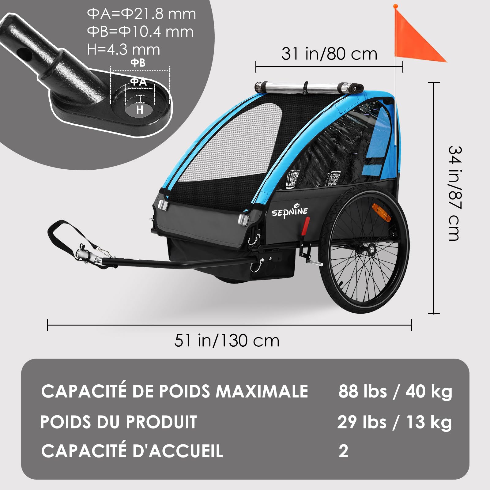 SEPNINE Remorque pour Enfant, 2 Places, véhicule Tout-Terrain pour Enfant, Ceinture de sécurité intégrée, Pliable avec Frein à Main, pour 1 à 2 Enfants de 40 kg Maximum - Bleu Clair