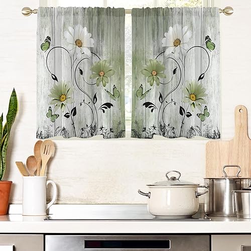 Miniatura 28 de AAtter Cortinas florales amarillas para ventana de cocina, diseño abstracto de margaritas blancas botánicas, pequeñas y cortas, para el hogar, sala