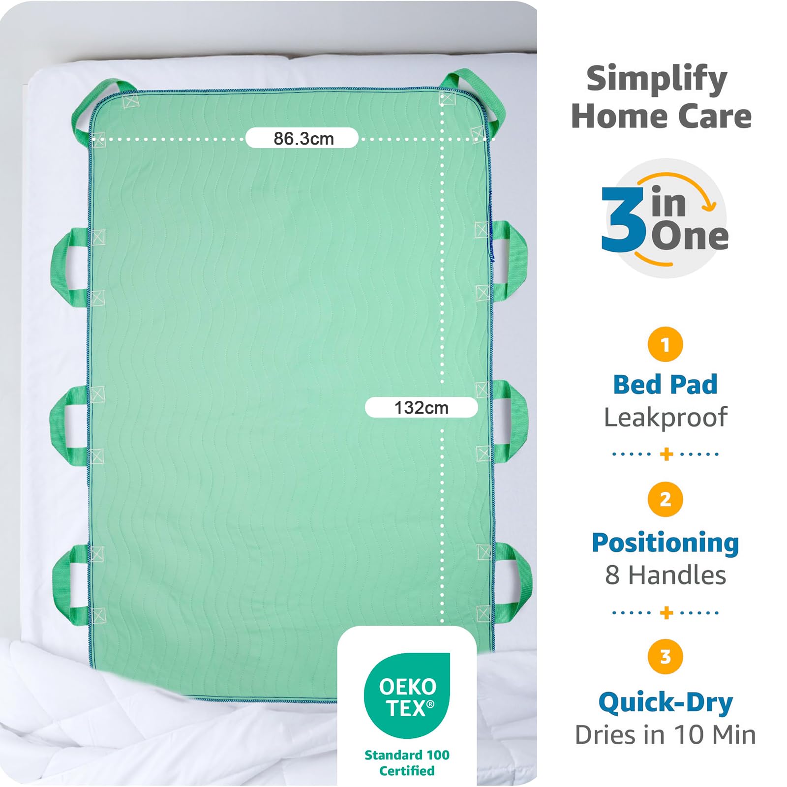 Empapadores Cama Adultos con 8 Asas Reforzadas, Secado Rápido 10 Min, Lavable, Impermeable, para Ancianos y Pacientes con Incontinencia, 86x132cm