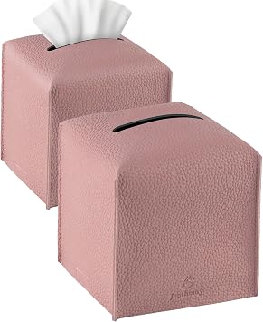 Tissue Box Cover, Jeethemy Square PU Leather Tissue Box Holder, Modern Tissue Case Facial Paper Organizer Dispenser,5X5X5,Double Pink