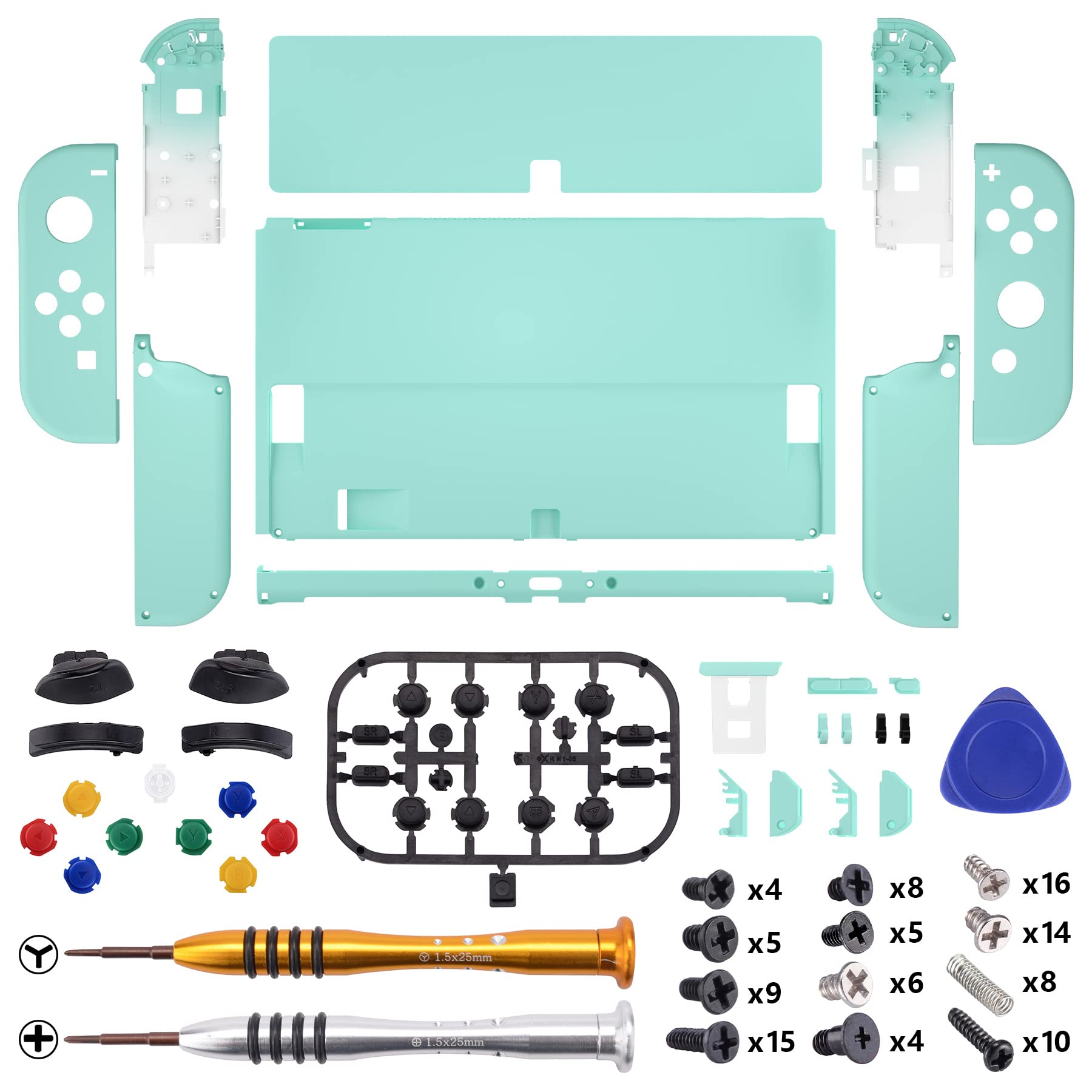 eXtremeRate Coque de Remplacement pour Nintendo Switch OLED, Coque Complète pour Nintendo Switch OLED, avec Bouton Coloré Béquille en Métal, Coque pour Joycon， Cyan Clair