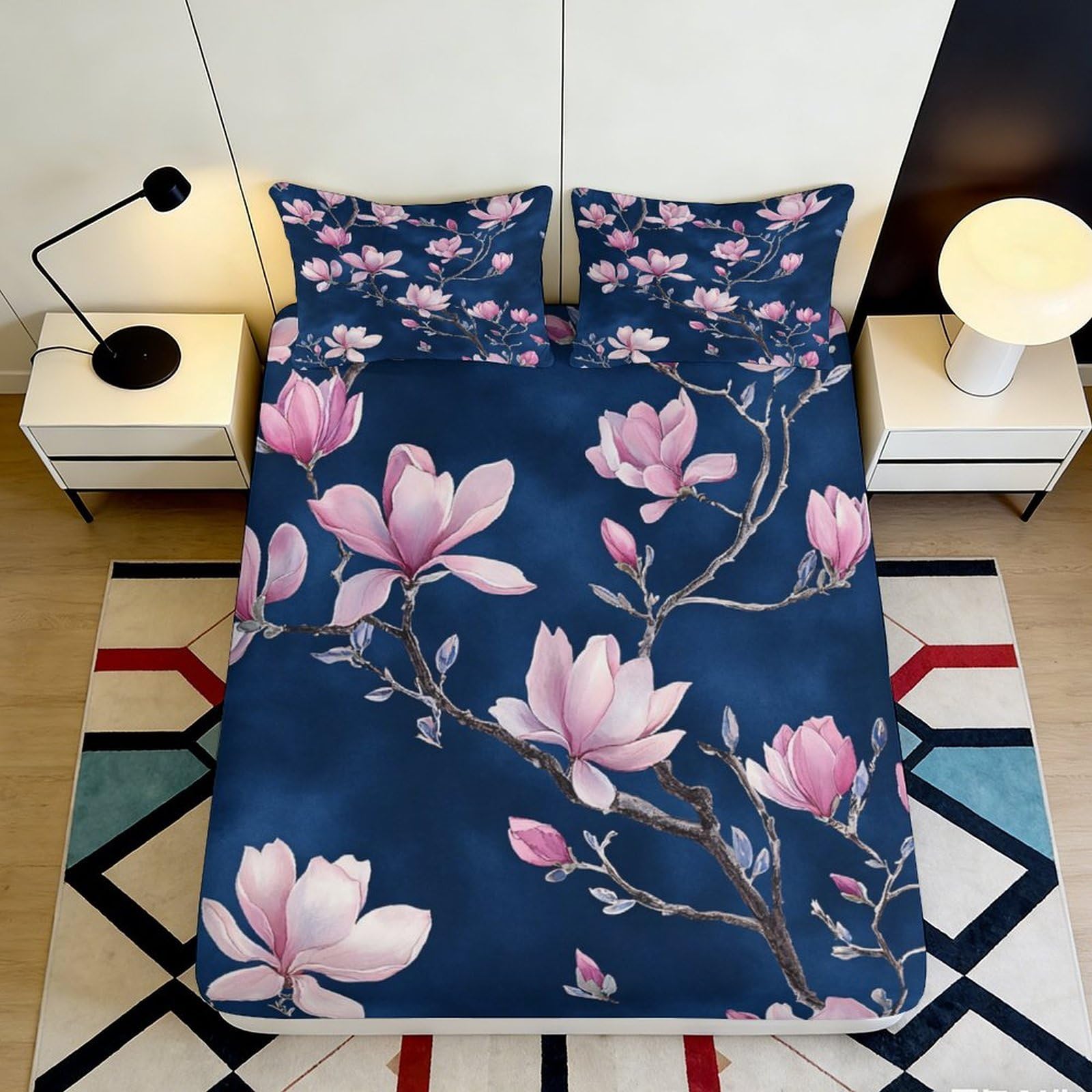 Jqzkxnhpbr Style-5 3D Printed Dark Blue Magnolia Fitted Sheet Microfiber Soft Anti-Slip Floral Mattress Cover For Bedroom Guest Room Decor 90X200x25cm