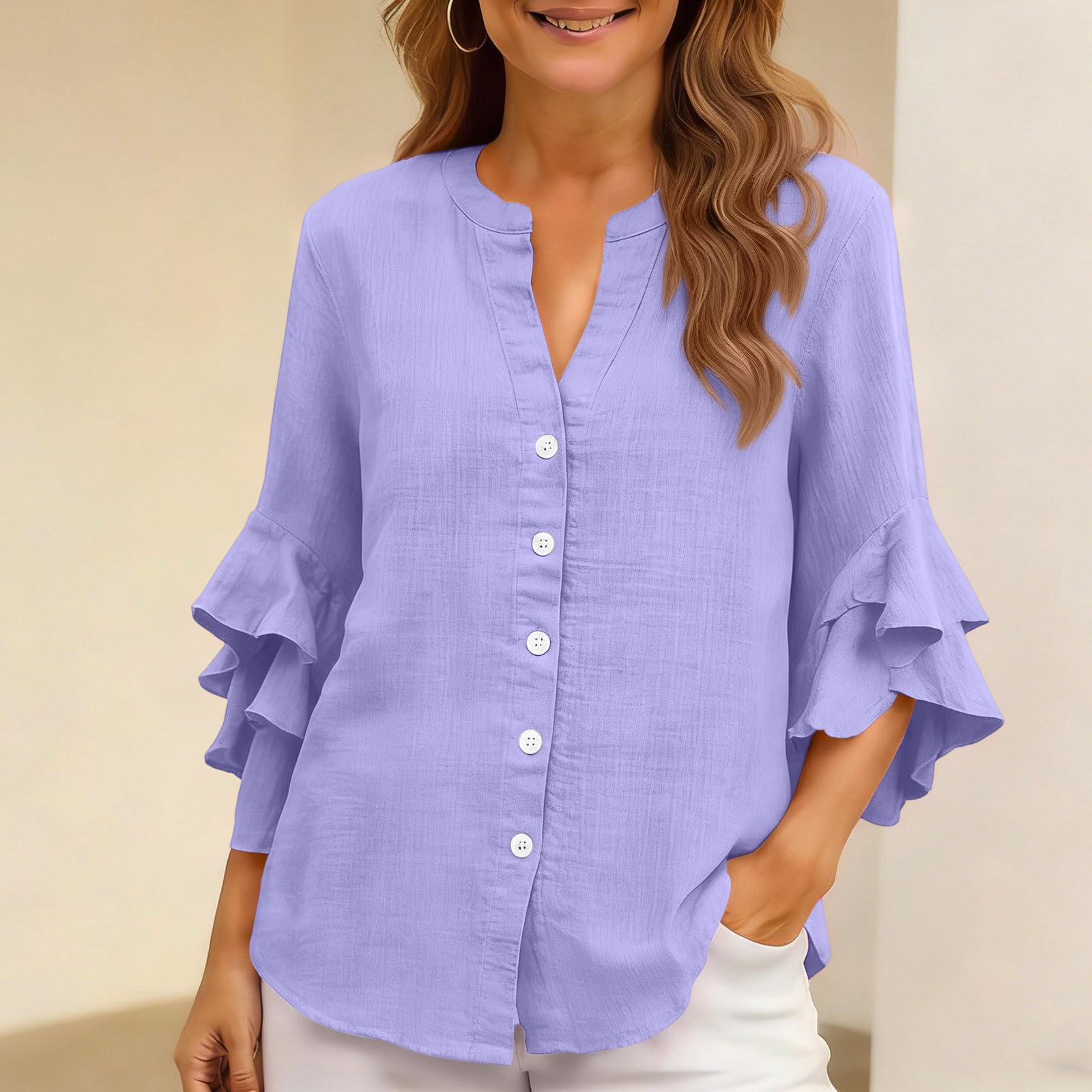 3/4 Ruffle Sleeve Cotton Linen Shirts for Women Dressy V Neck Beach Tunic Tops Elegant Summer Casual Work Blouses - 4