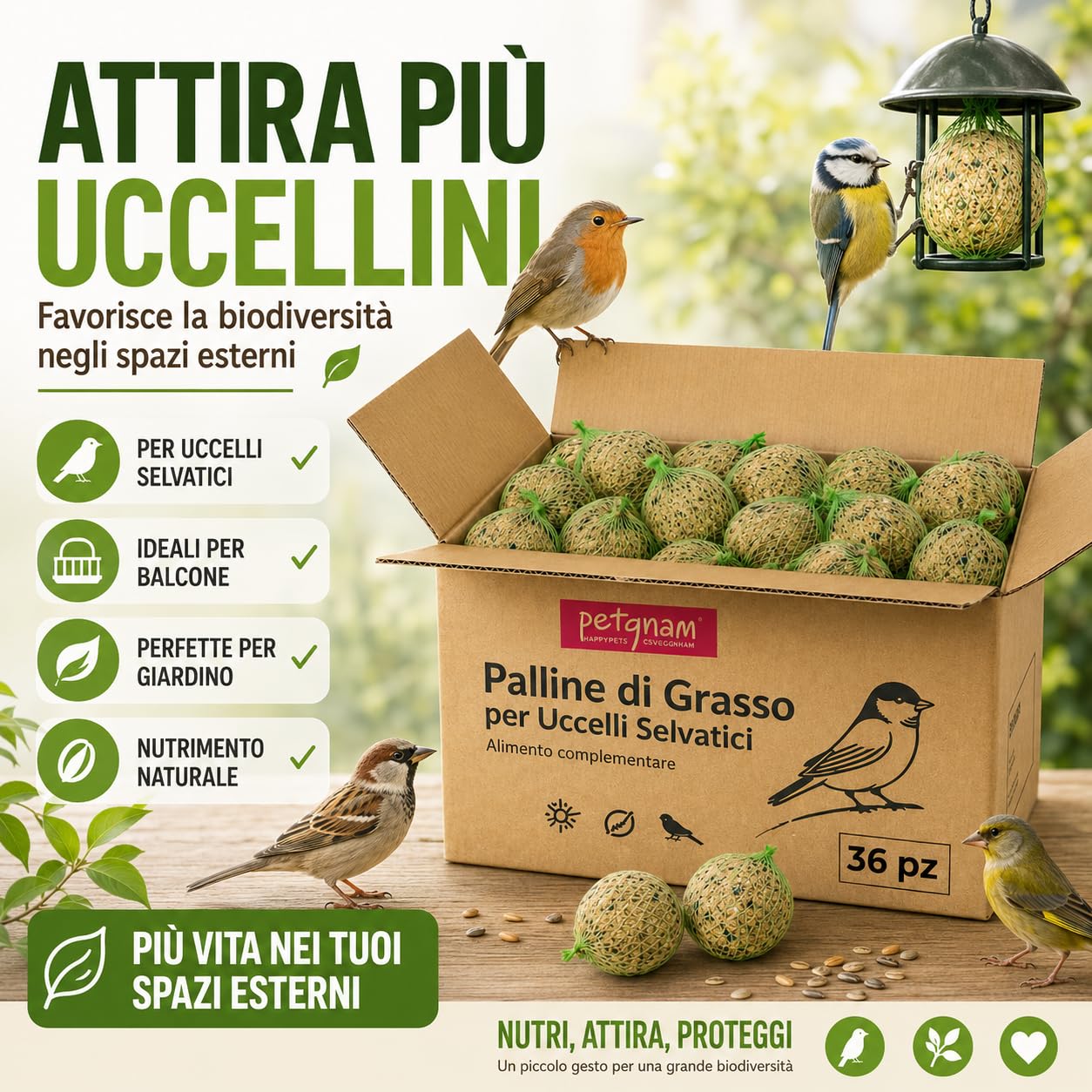 72 Palline di Grasso per Uccelli Selvatici 90 g - Mangime Naturale Senza Olio di Palma - Palle di Grasso ad Alto Valore Nutritivo per Uccellini - Ideali Tutto l’Anno per Giardino e Balcone (72)