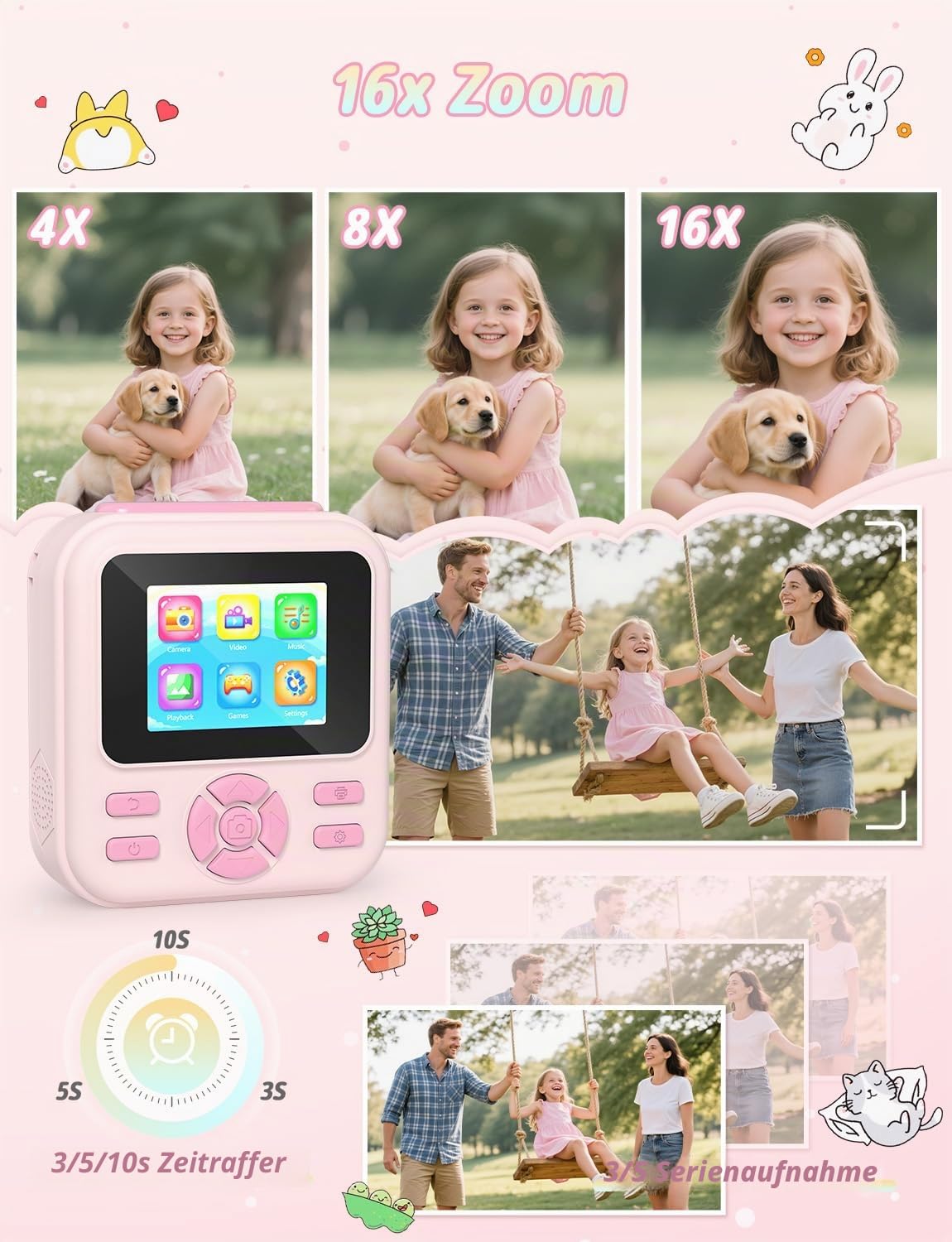 YOHOOLYO Sofortbildkamera Kinder 2,4 Zoll 1080P HD Kinderkamera mit 3 Rollen Druckpapier 32GB Karte Farbigen Stiften Aufkleber Geschenke für Jungen und Mädchen 3-12 Jahre (Rosa)