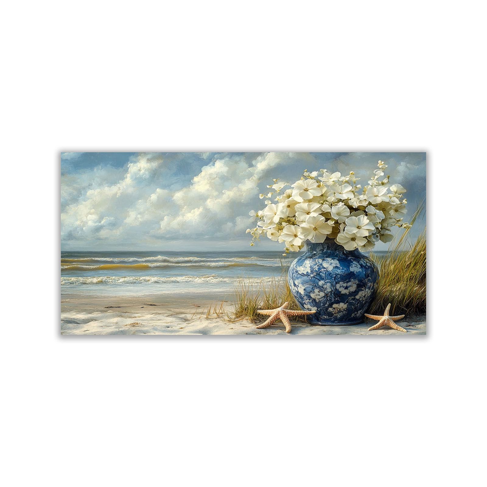 WIKEO Beach Canvas Wall Art Beach Flower Scenery Coastal Tropical Artwork Prints Pictures,for Bathroom Bedroom Living Room Home Office Wall Decor(Blue 4)-40x80cm Unframed