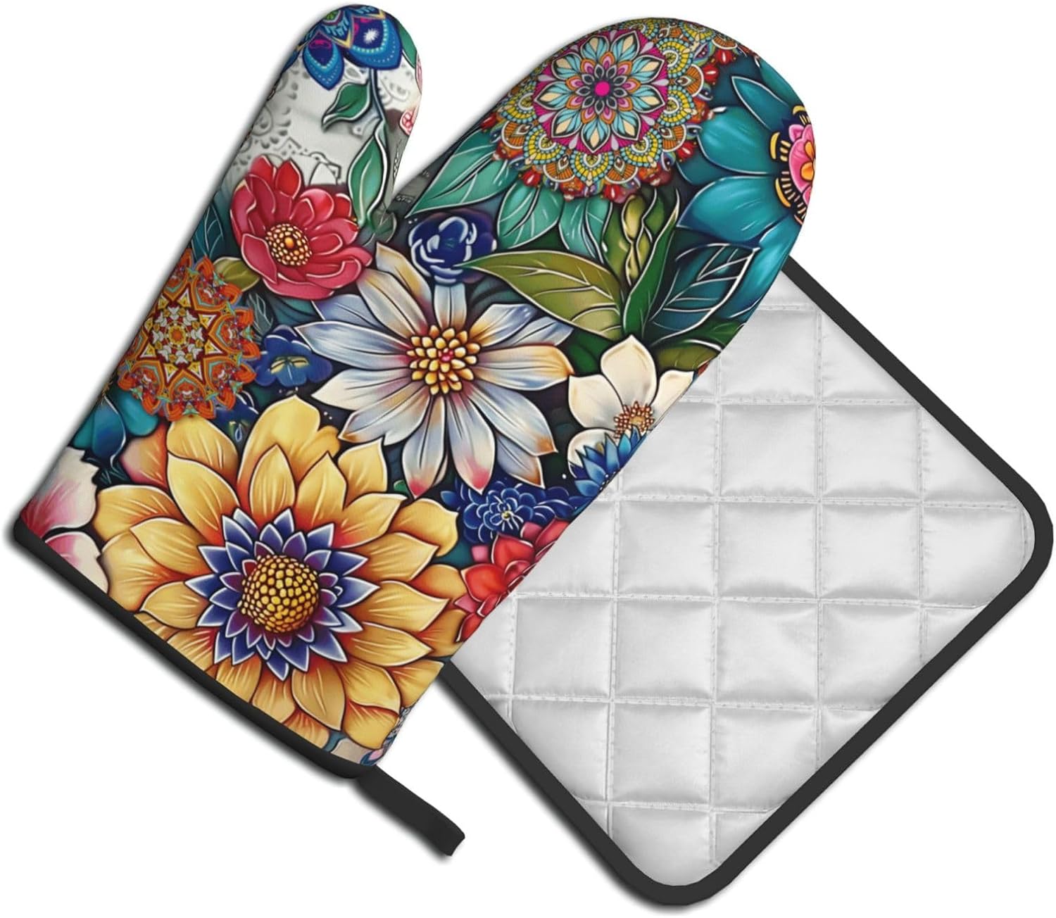 Boho Floral Oven Mitts and Pot Holders Sets Vintage Flower Oven Gloves Heat Resistant Colorful Kitchen Mitts Hot Pads Two Piece Set Kitchen Decor for Women Cooking Baking Grilling BBQ - Image 2