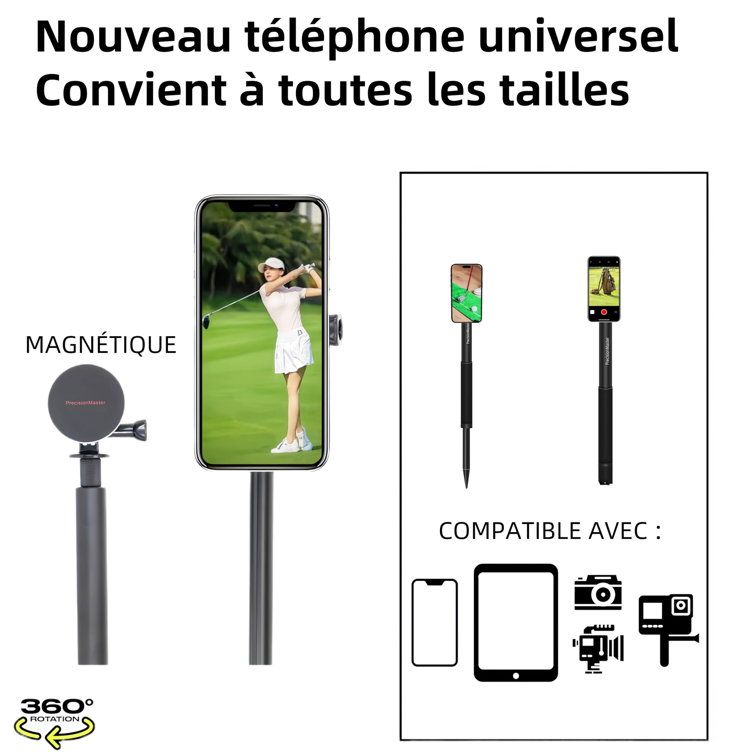 PrecisionMaster Palo Monópode de Golf, Graba tu Swing de Golf con Soporte Magnético para Teléfono y Control Bluetooth, Trípode Ajustable con Clavo, Compatible con GoPro e Insta.