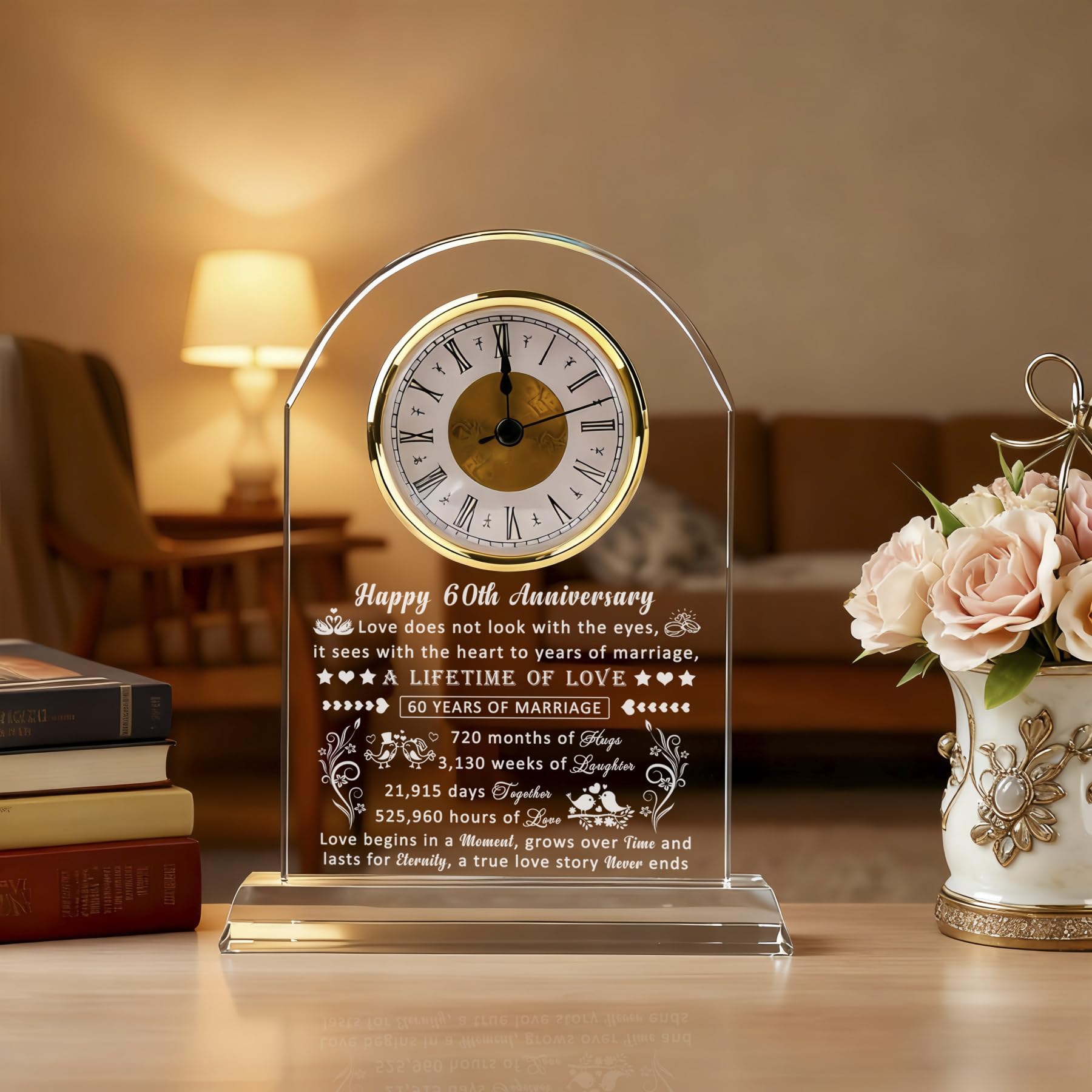 60th Wedding Anniversary Glass Quartz Clock Gifts for Women Men, 60 Year Anniversary Romantic Gift for Him Her, Diamond Anniversary Clock Gifts for Couple, 60 Years of Marriage Gifts