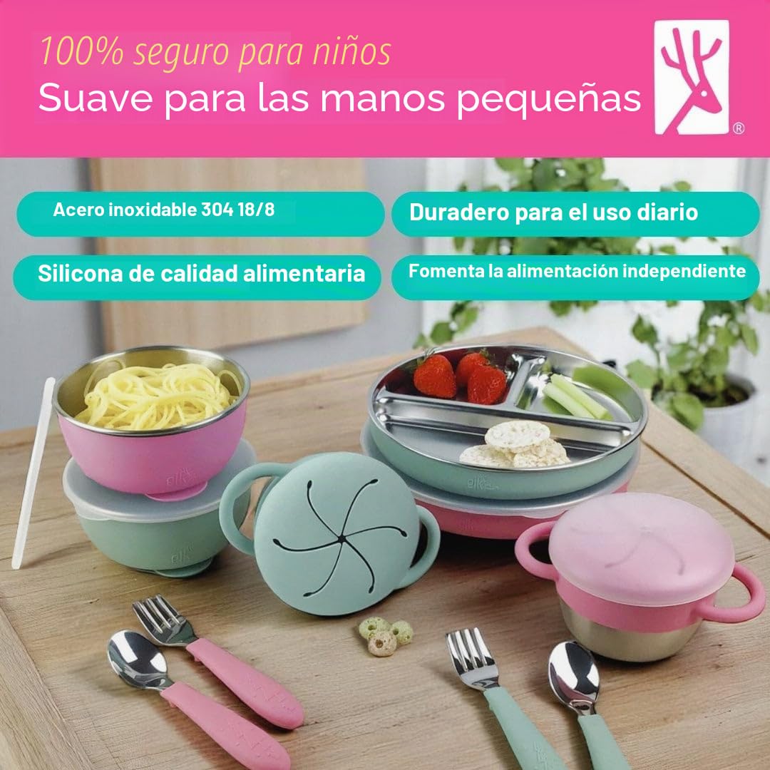 Elk and Friends Paquete de comida de acero inoxidable para niños | Platos, cuencos, tazas de aperitivos + utensilios para niños pequeños | Mangas de succión de silicona + tapas de almacenamiento de