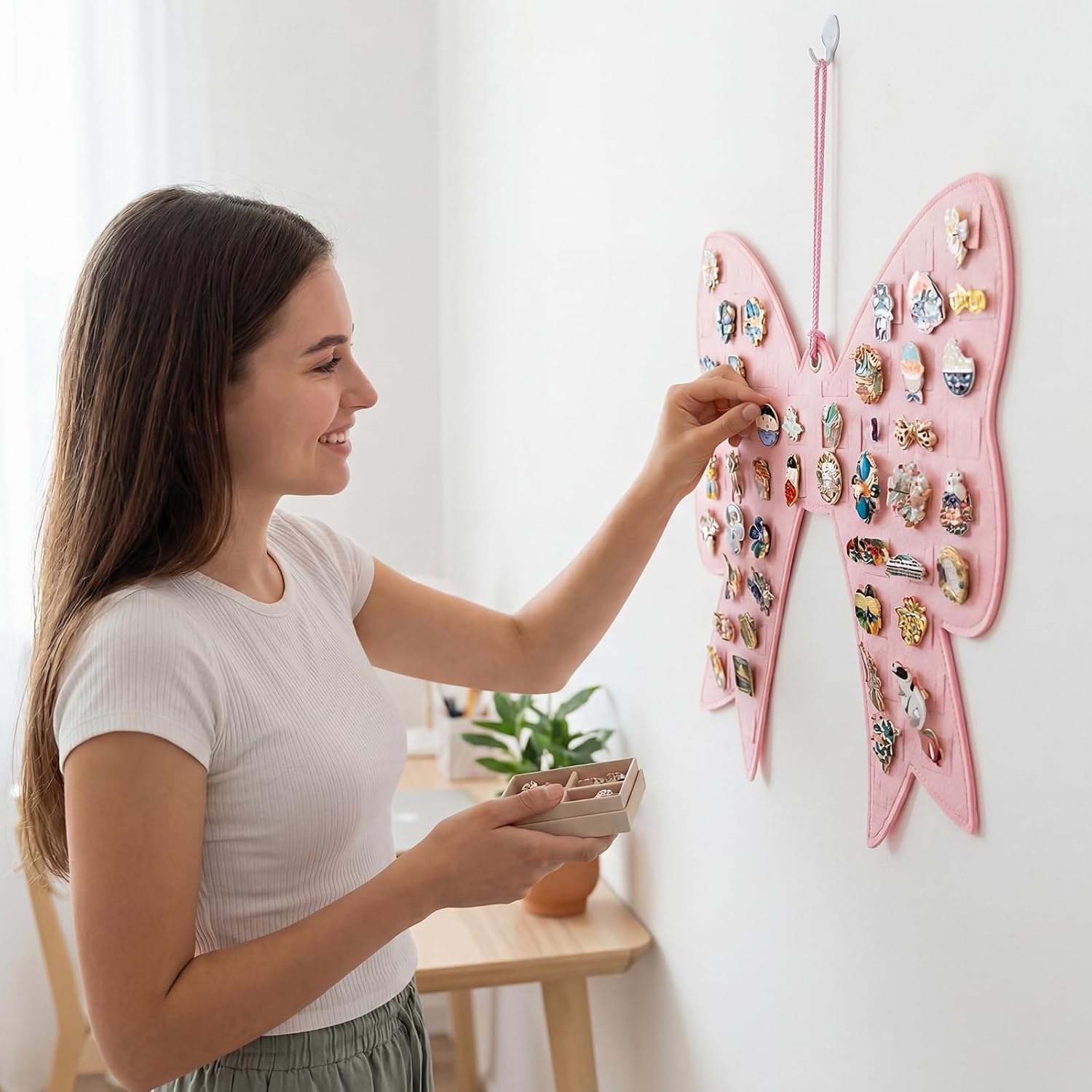 Pink Bow Brooch Pin Display Board Holds 54 Pins Wall Rack