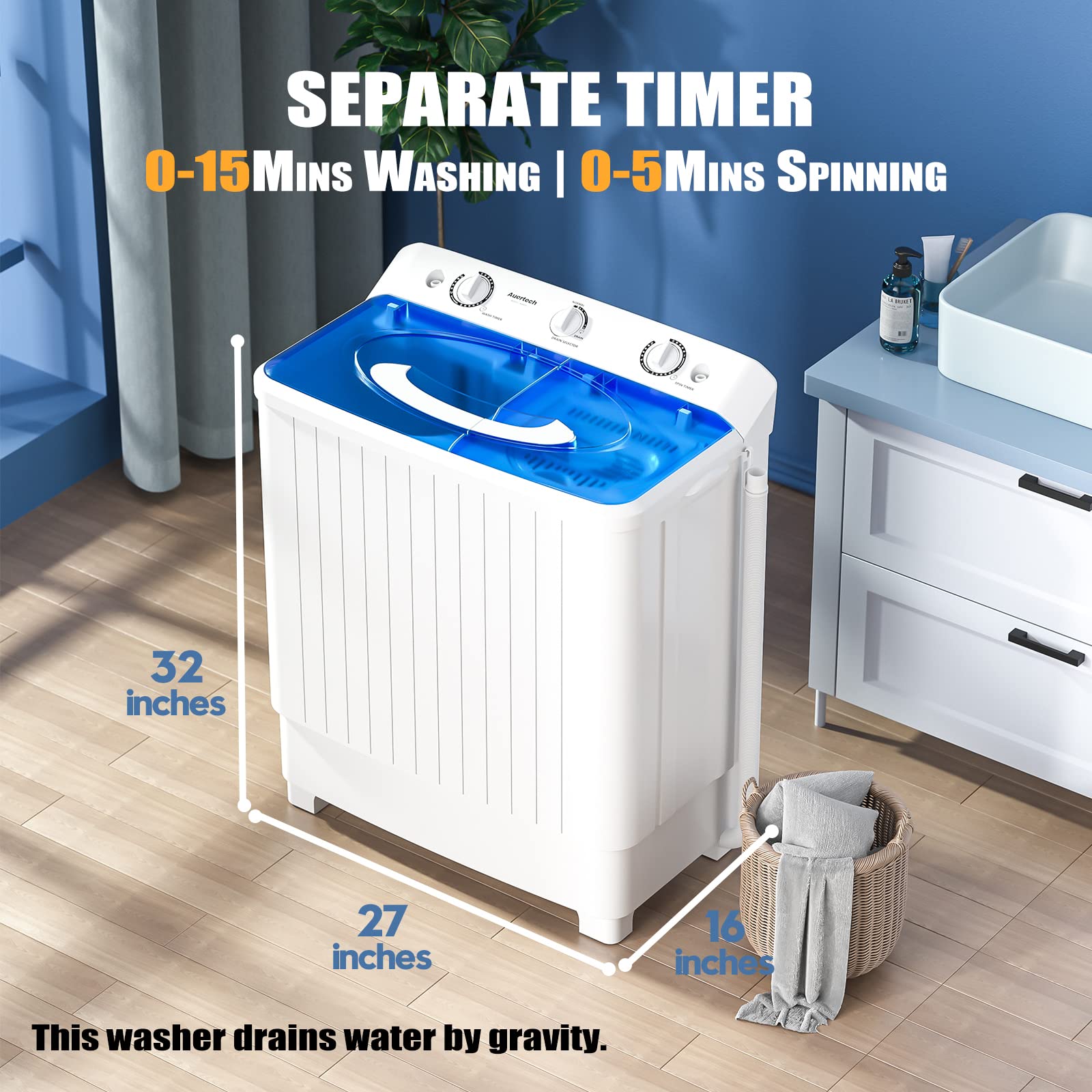 Auertech Portable Washing Machine, 28lbs Mini Twin Tub Washer Compact Laundry Machine with