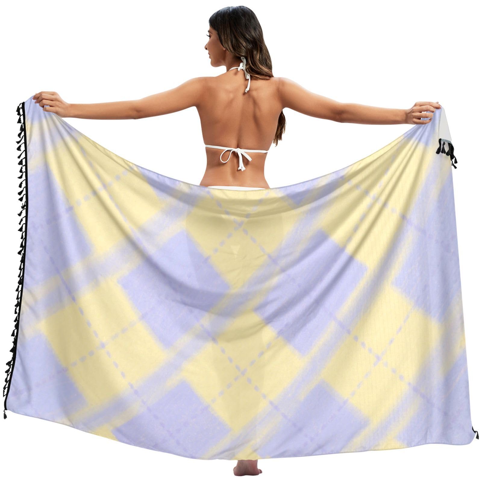 Falda de traje de baño a cuadros amarillo morado pastel tejido ligero de mujer 8