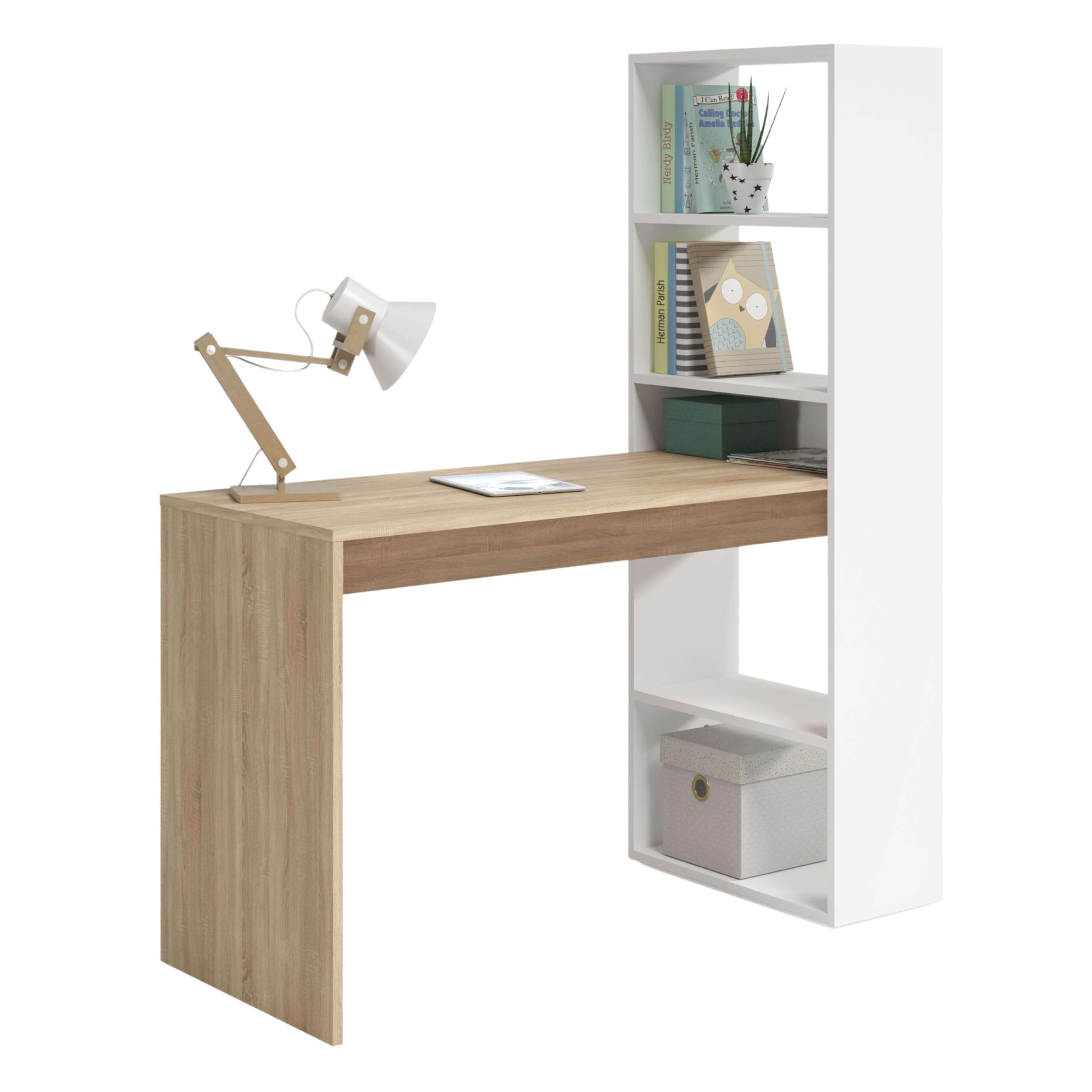 Habitdesign Escritorio con Estanteria Reversible, Mesa de Ordenador, Blanco Artik y Roble Canadian, Modelo Duplo, Medidas: 120 cm (Ancho) x 53 cm (Fondo) x 144 cm (Alto)