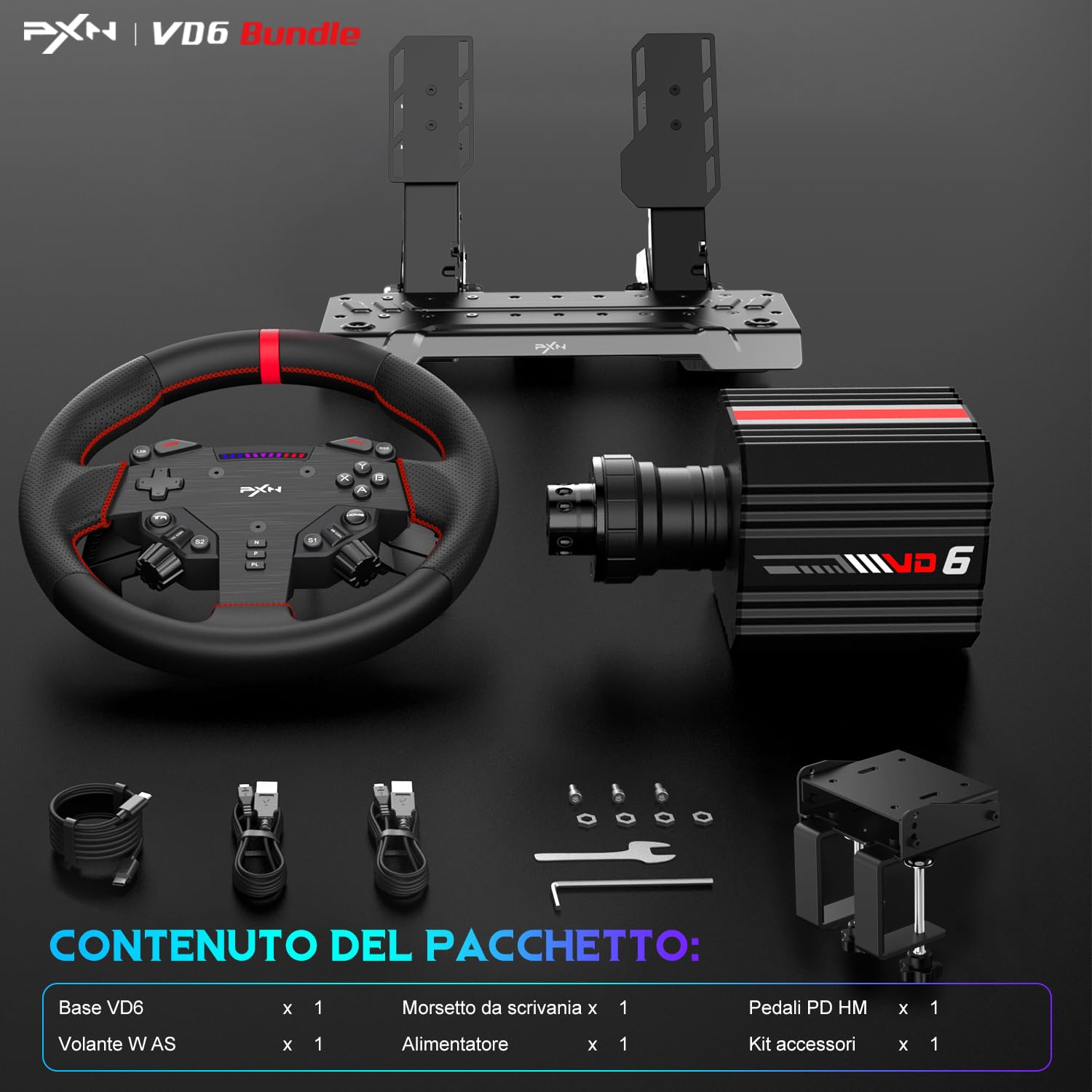 PXN VD6 Kit Volante per Sim Racing 6Nm – Base Servo a Bassa Inerzia, Volante da Corsa W AS, Pedaliera PD HM con Sensore Hall e Morsetto da Scrivania – Compatibile solo con PC Windows 7–11