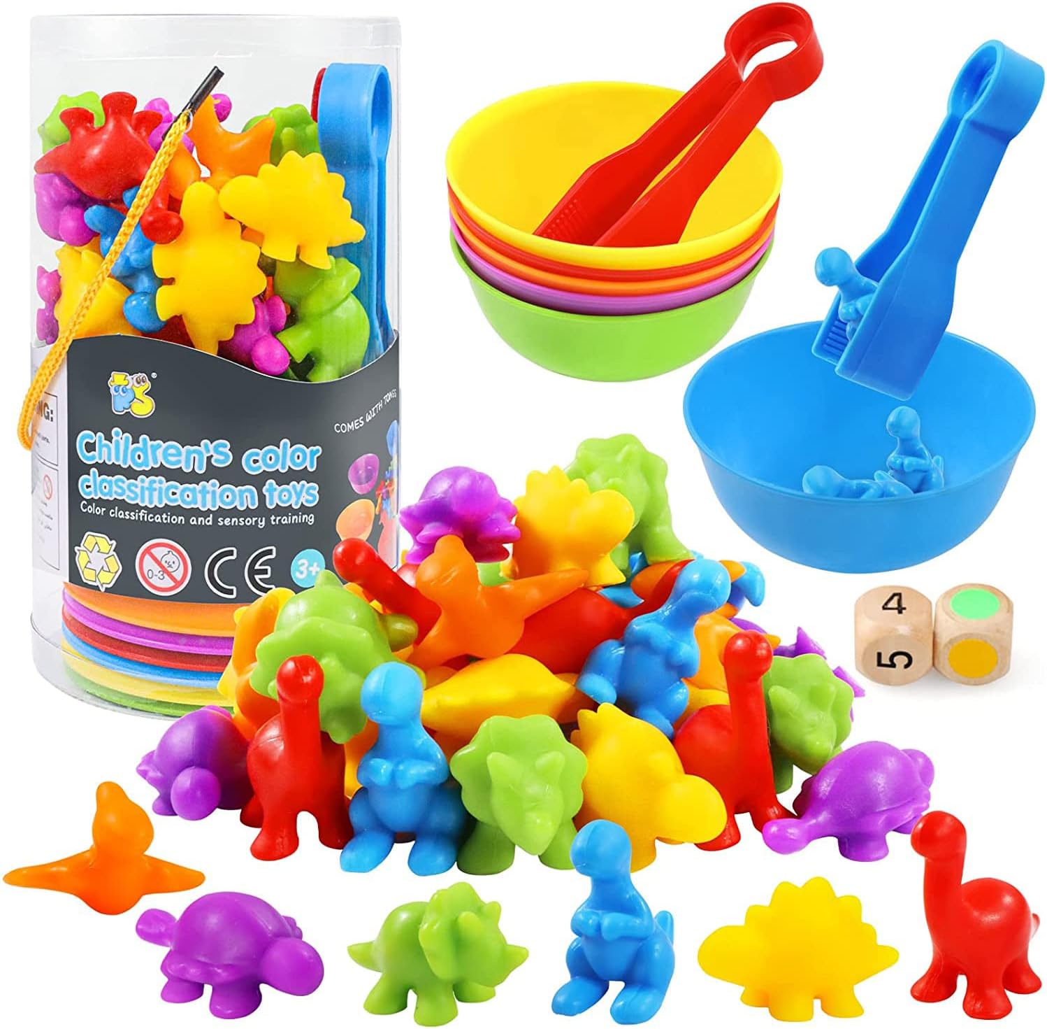 Rainbow Counting Dinosaurs Toys for 3 4 5 Year Olds, Colour Sorting Games for Toddlers Montessori Educational Toys with Matching Sorting Cups and Tweezers for Boys Girl Children