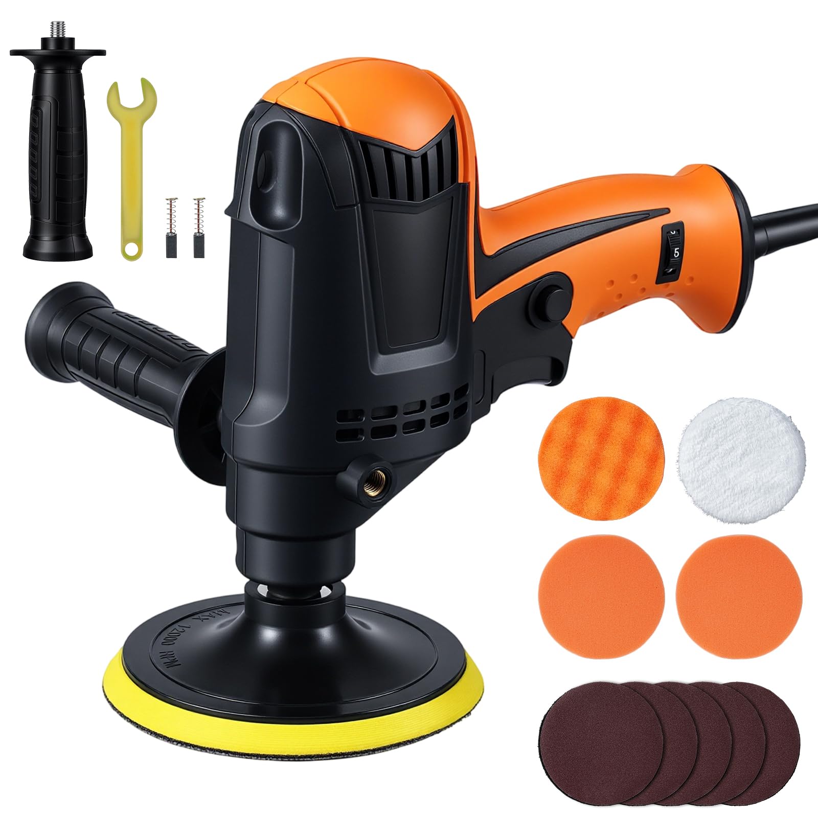 Pulidora Coche, Yaskyly 980W Máquina de Pulir Máquina Pulidora, 6 Velocidades Variables, 850-3200RPM, Mango Lateral, Kit de Esponja de Pulido 125mm, para Coche, Muebles, Motocicletas