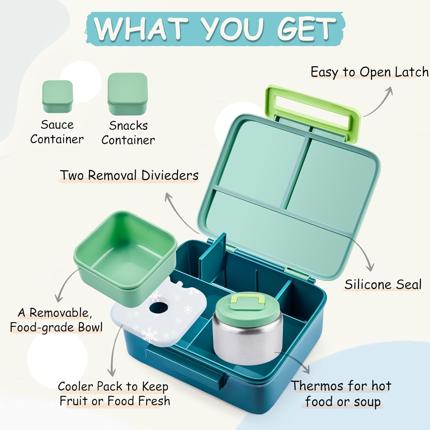 Bento Lunch Box for Kids with 8oz Soup Thermo Leak-Proof Lunch Food Containers with Snack Sauce Container for Kid Girls Boys to School, Green - Image 2