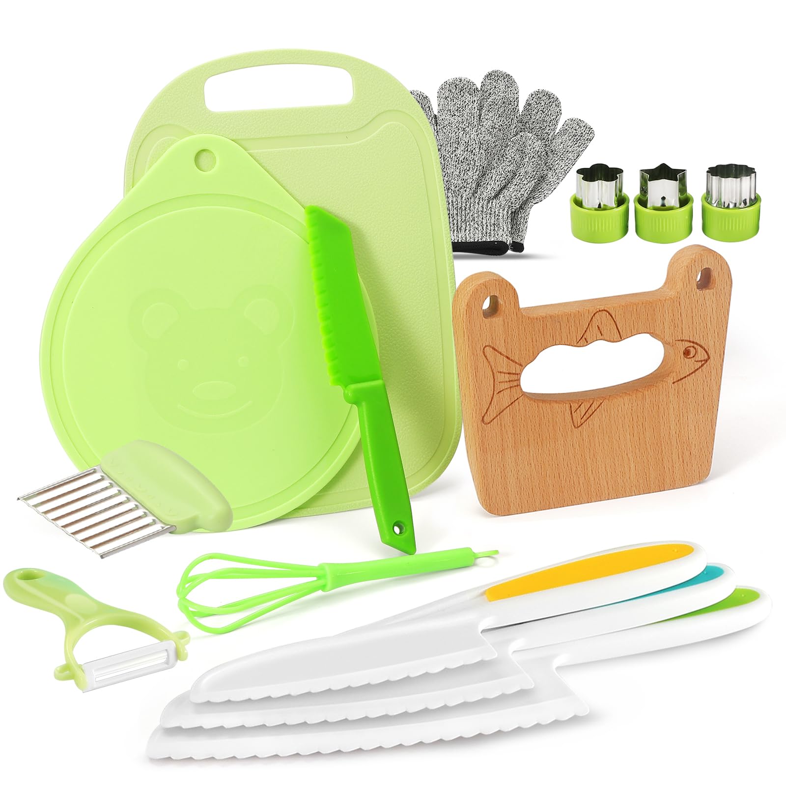 Kindermesser 14-teiliges Kinder-Küchenmesser-Set zum Schneiden und Kochen von Obst oder Gemüse für Kleinkinder, kinder kochset Kochmesser Sicherheit Messer (Fisch)