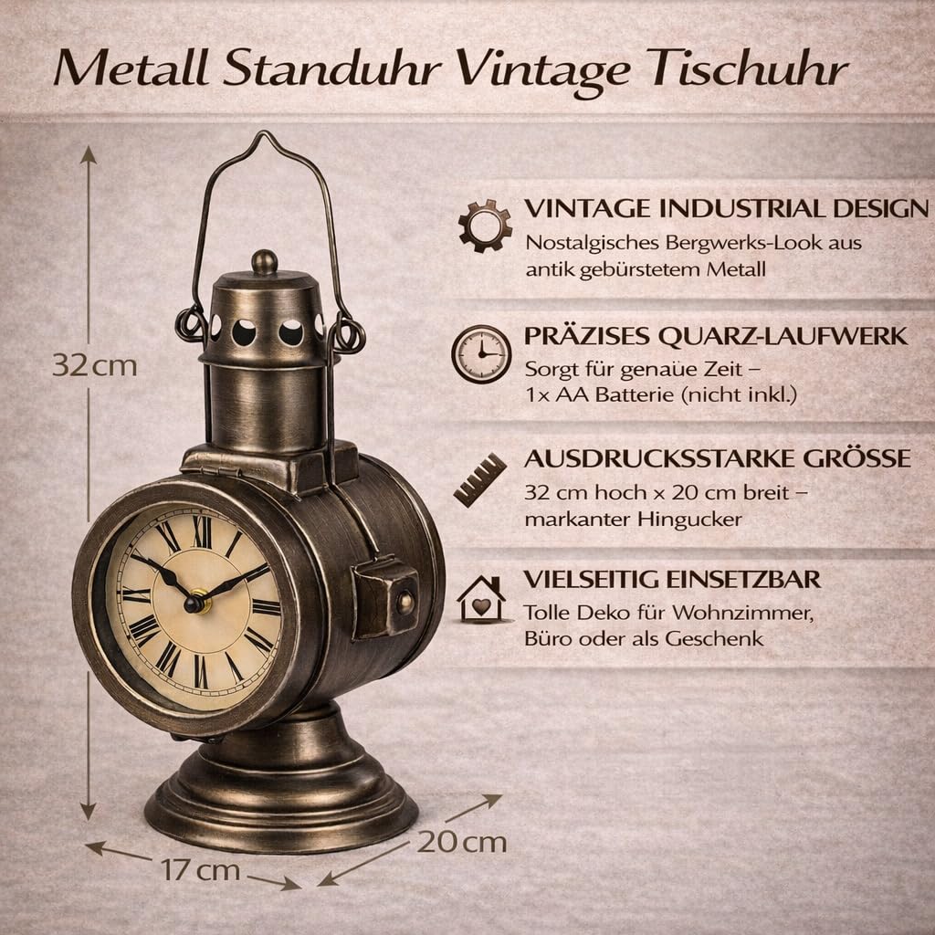 formano Metall Standuhr Vintage im Grubenlampen Design Tischuhr 32 cm im Industrial Stil, Quarz Laufwerk Batteriebetrieb (1x AA), Retro Deko Uhr für Wohnzimmer, Büro & Regal