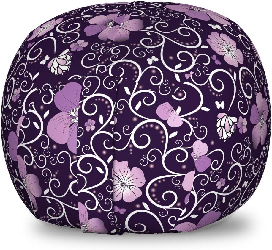 Ambesonne Floral Storage Toy Bag Chair, Butterfly Silhouettes with Plant Flower Patterned Design Swirls Curves, Stuffed Animal Organizer Washable Bag, Small Size, Lilac Dark Purple White