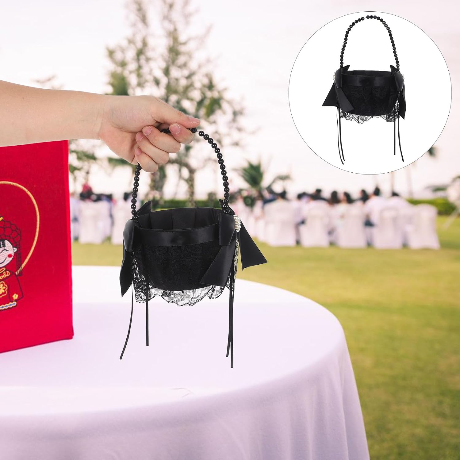 LOGOFUN 2PCS Wedding Flower Girl Basket with Pearl Handle Wedding Petal Container for Ceremony Festival Party Supplies - Black