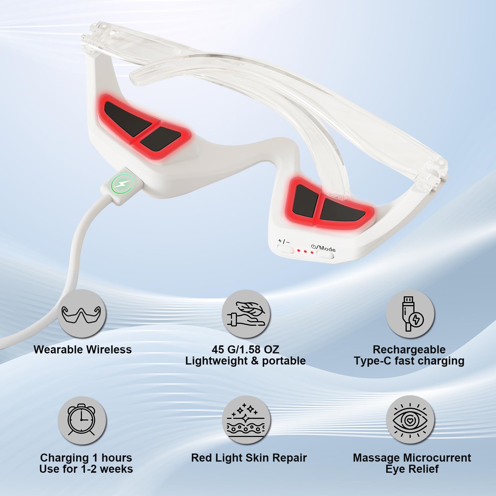 Gafas de Terapia de Luz Roja para Ojos, Dispositivo contra Ojeras, Bolsas & Fatiga, Masajeador Ocular LED Recargable 3 Modos, Regalo de Belleza Portátil para Mujer/Hombre