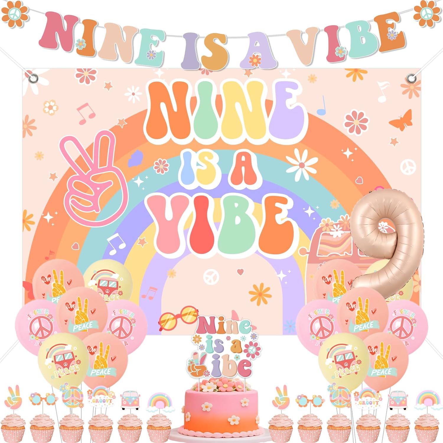 Nine Is A Vibe Groovy 9th Birthday Decoration Girl, Boho Daisy Flower 9th Birthday Banner Backdrop Nine Is A Vibe Groovy Daisy Flowers Cake Topper Number 9 Foil Balloon for Retro Ninth Bday Supplies