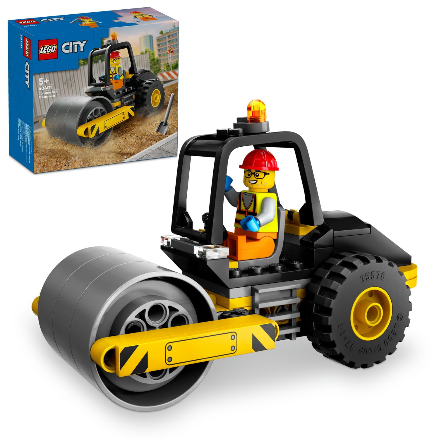 LEGO City Yol Silindiri 60401 – 5 Yaş ve Üzeri Kız ve Erkek Çocuklar için Doğum Günü Hediyesi Fikri, Kürekli ve Baretli İnşaat İşçisi Minifigürü İçeren Yaratıcı Oyuncak Yapım Seti (78 Parça)