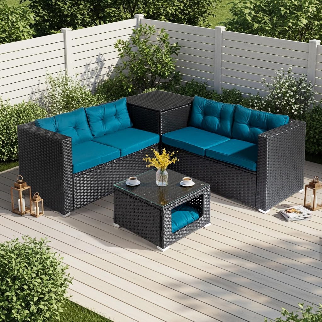 Bonnlo 4 Seater Rattan Garden Furniture Sets with Storage Box, Glass Top Coffee Table with Cat Bed, Modular Patio Furniture Set for Garden Patio (Black Rattan+Teal Cushion)
