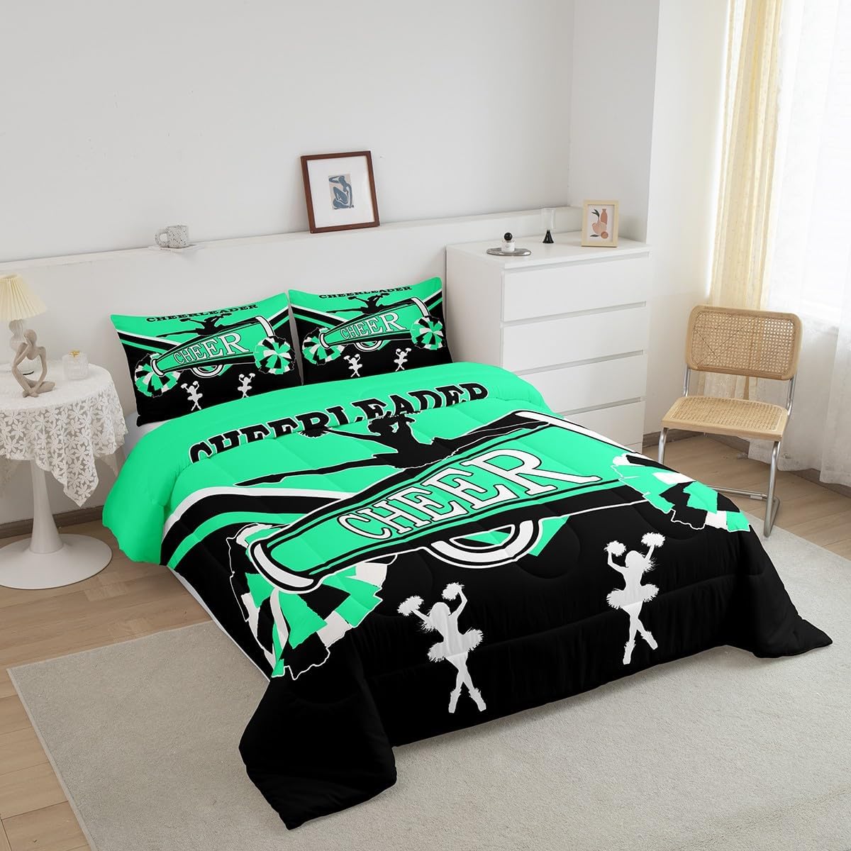 Cheerleading Queen Comforter Set Dance Princess Bedding Set Queen for Girls, Kawaii Cheerleader Bedding Comforter Sets Black Spring Green Duvet Set, Cheerleading Pompoms Print Quilted Comforter