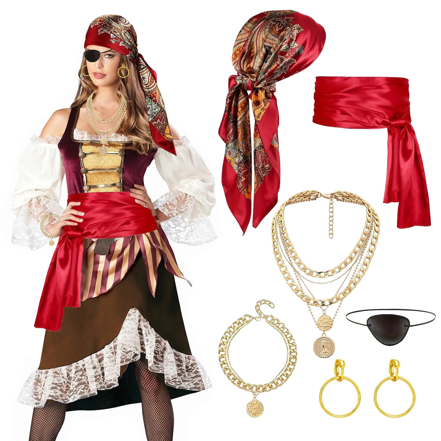 Set Completo Accessori Da Pirata 28 Pezzi - Bandana, Toppa, Orecchini, Monete E Sacchetti Per Costumi Di Halloween E Feste A Tema