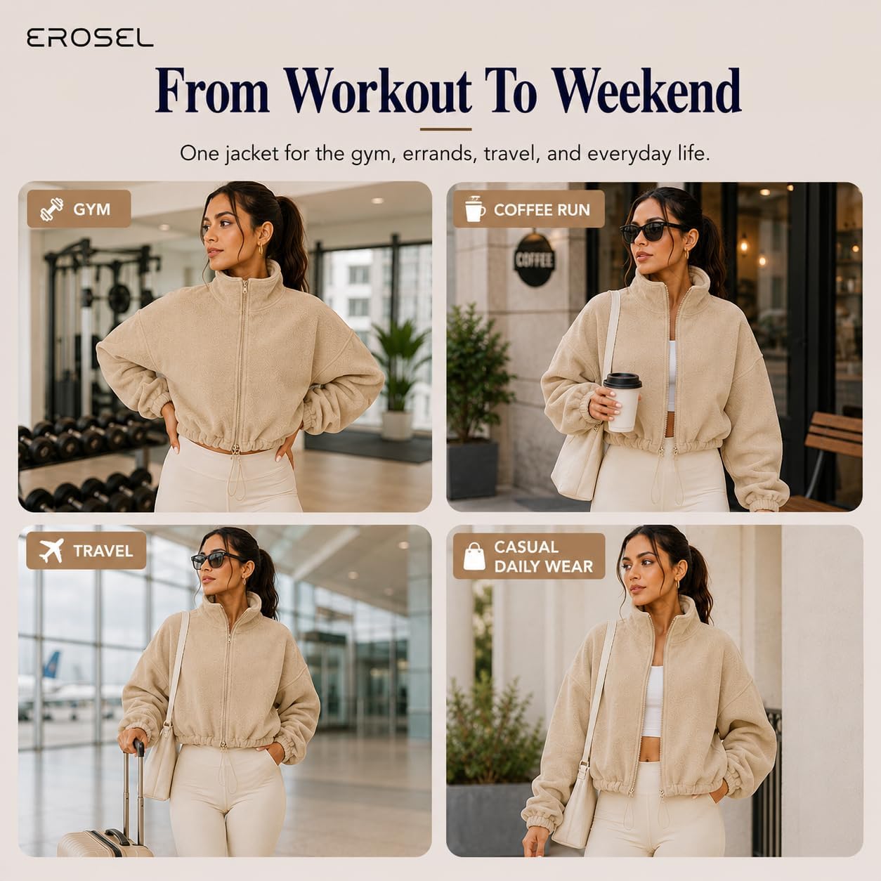 Women's Full Zip Fleece Short Jacket - Warm Winter Long Sleeve, Sherpa Crop Coat Workout Jacket - Winter Clothing