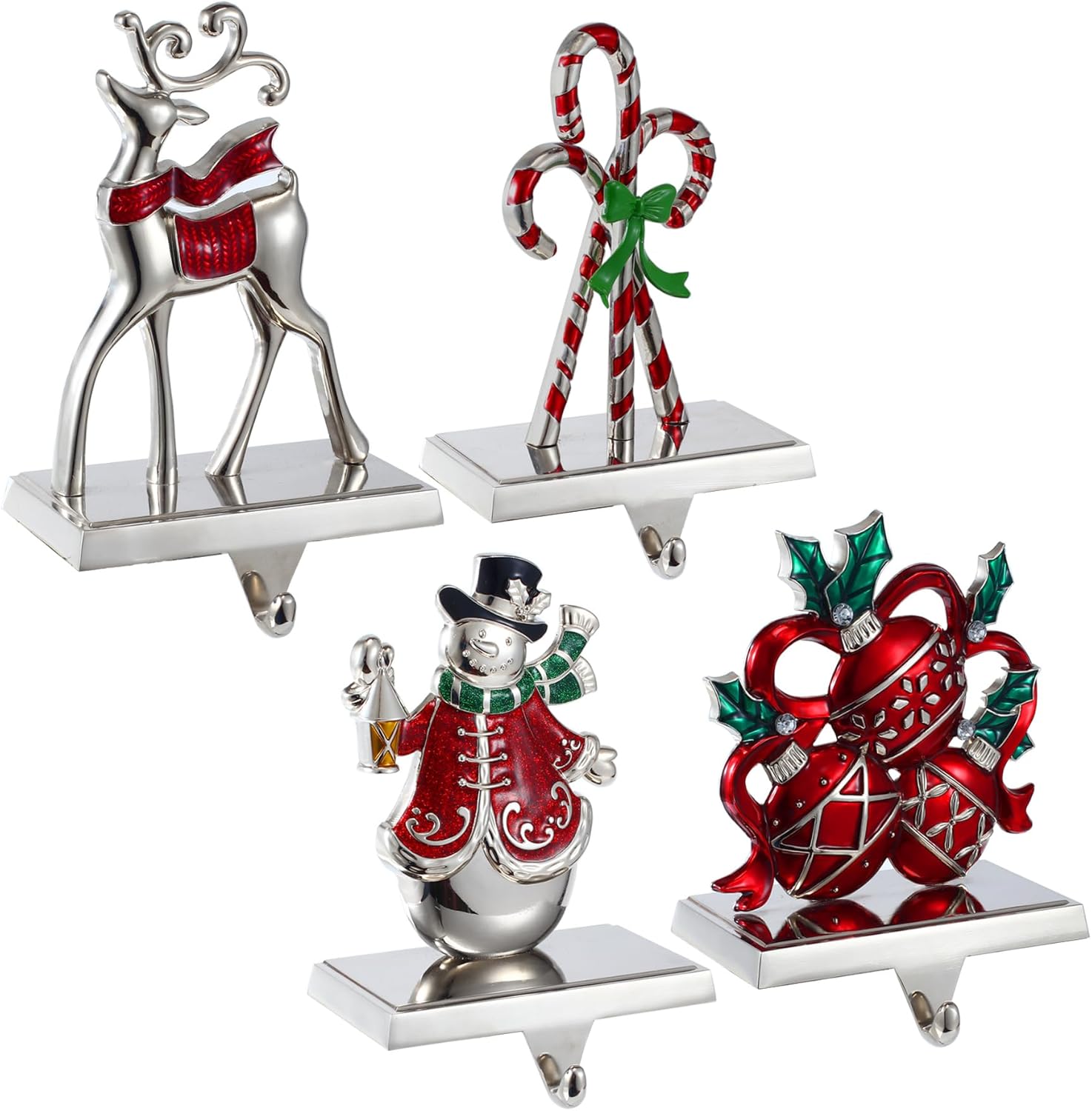 Set of 4 Christmas Stocking Holders for Mantel,Deer Snowman Stocking Hangers for Fireplace Candy Cane Holder Hanger for Stocking/Garland,Metal Stocking Hooks for Xmas Decoration (Christmas Set)