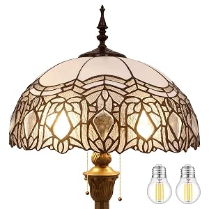 WERFACTORY Tiffany Floor Lamp Crystal Bead White Stained Glass Standing Reading Light 16X16X64 Inches Antique Pole Corner Lamp