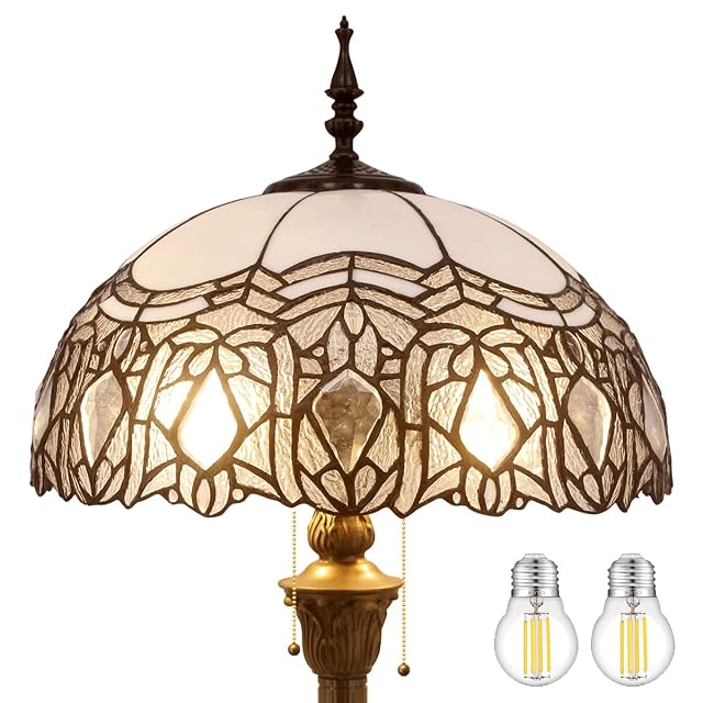 WERFACTORY Tiffany Floor Lamp Crystal Bead White Stained Glass Standing Reading Light 16X16X64 Inches Antique Pole Corner Lamp