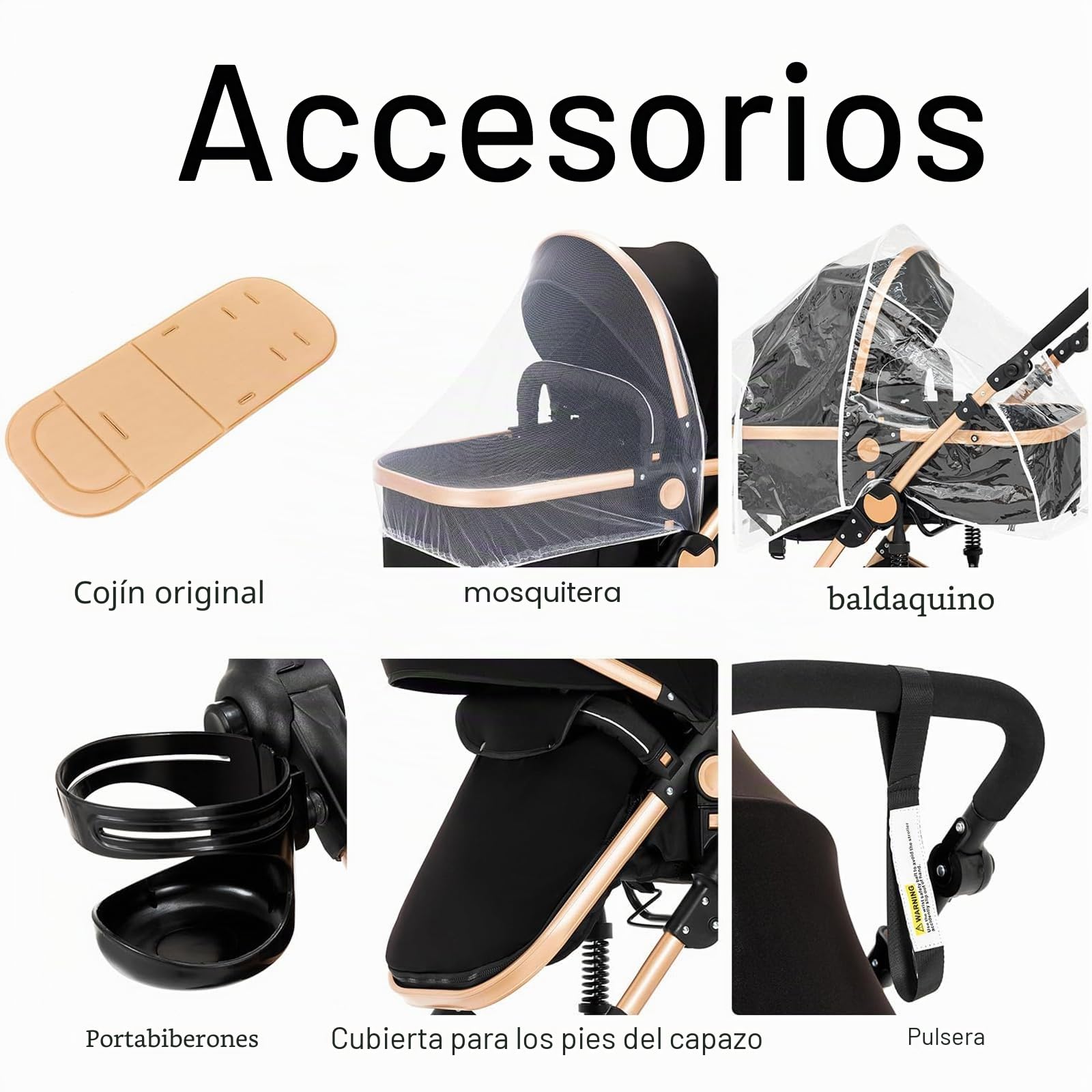 Carro Bebe 3 Piezas, Carrito Bebe 3 en 1 con Dos Modos de Empuje Reversibles, Cochecito Tres Piezas con Capazo Grande Cómodo, Carricoche Tres Alto Paisaje (588 Black Gold)