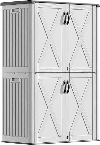 Vista 18 de Devoko Gabinete de almacenamiento al aire libre de 50 pies cúbicos - Cobertizo de almacenamiento vertical de resina - Para guardar muebles de patio