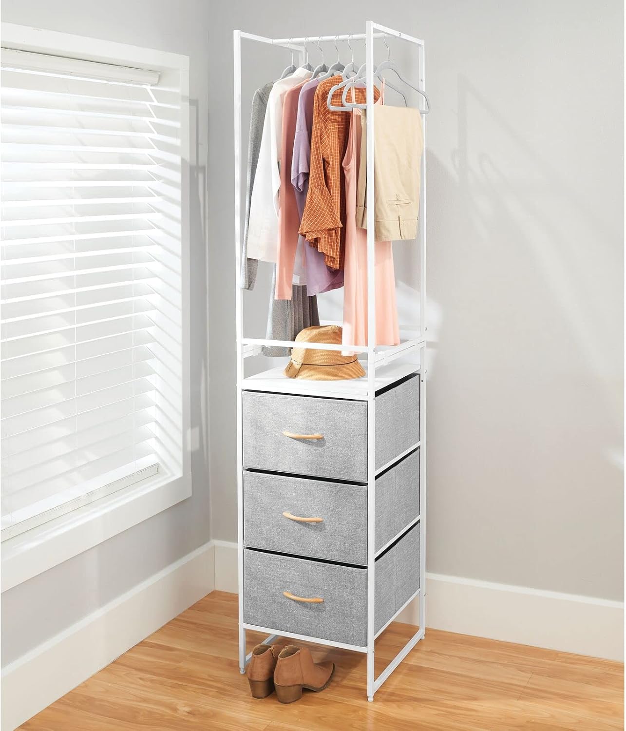 mDesign Modular Closet Organizer System Storage Unit, Sturdy Steel Frame, Fabric Bins/Garment Rack for Bedroom, Hallway, Entryway, Textured Print, 3 Drawers, Garment Rack - Gray/White