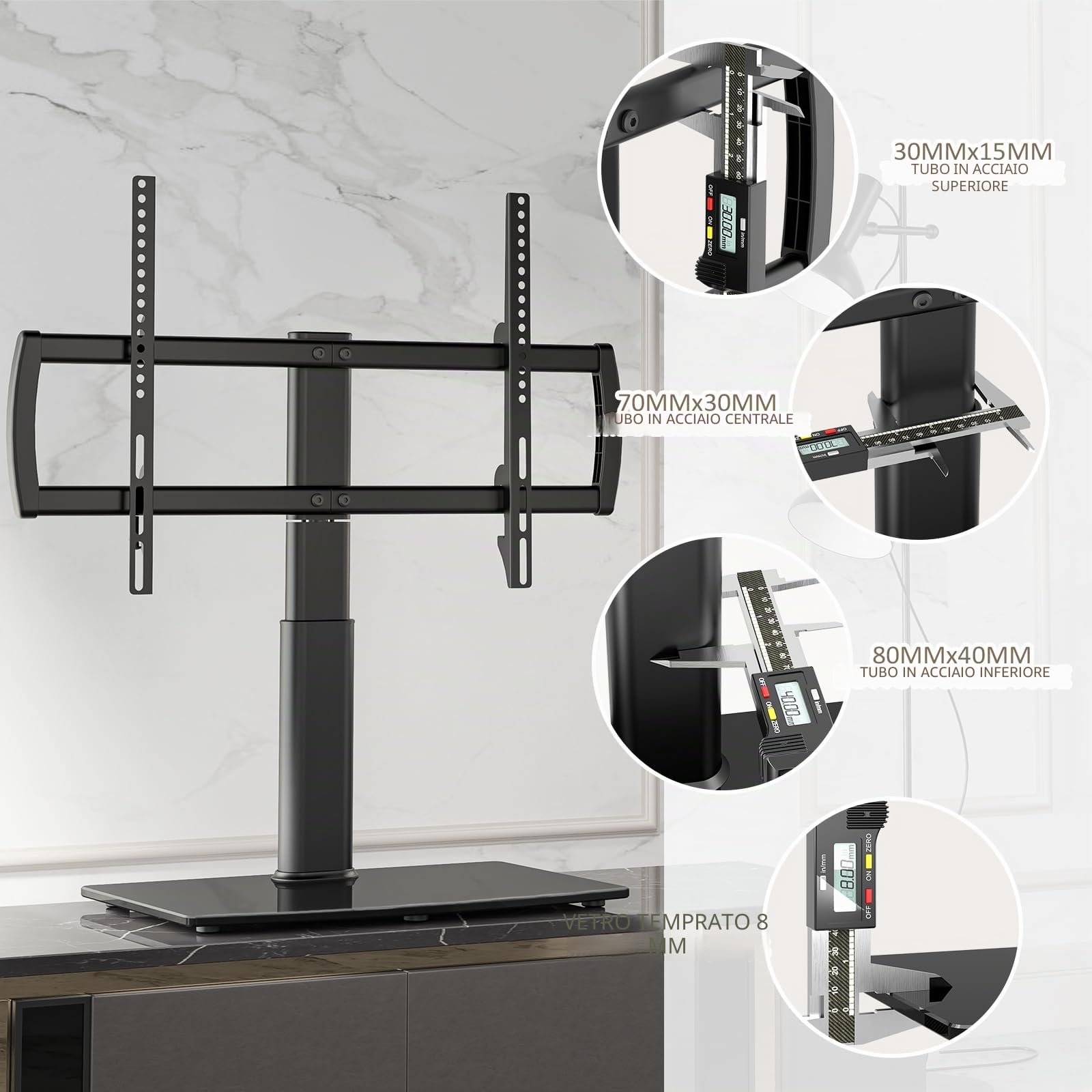 Hemudu Supporto TV da Tavolo, Staffa TV 32 a 70 pollici LCD/LED/Plasma, Supporto TV Universale Girevole 80º, Piedistallo TV 4 Livelli di Regolabile in Altezza, Max 40 Kg, VESA Massimo 600x400 mm